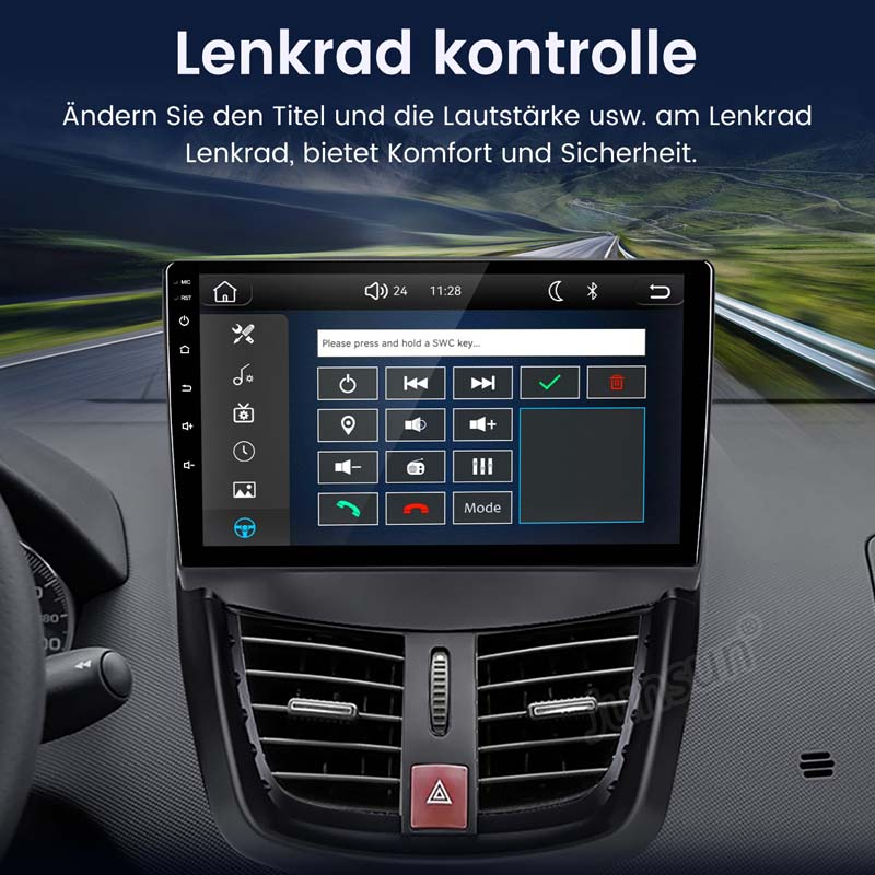 Eine Autoinnenansicht mit einem Touchscreen-Infotainmentsystem, das Lenkradsteuerungen zeigt.