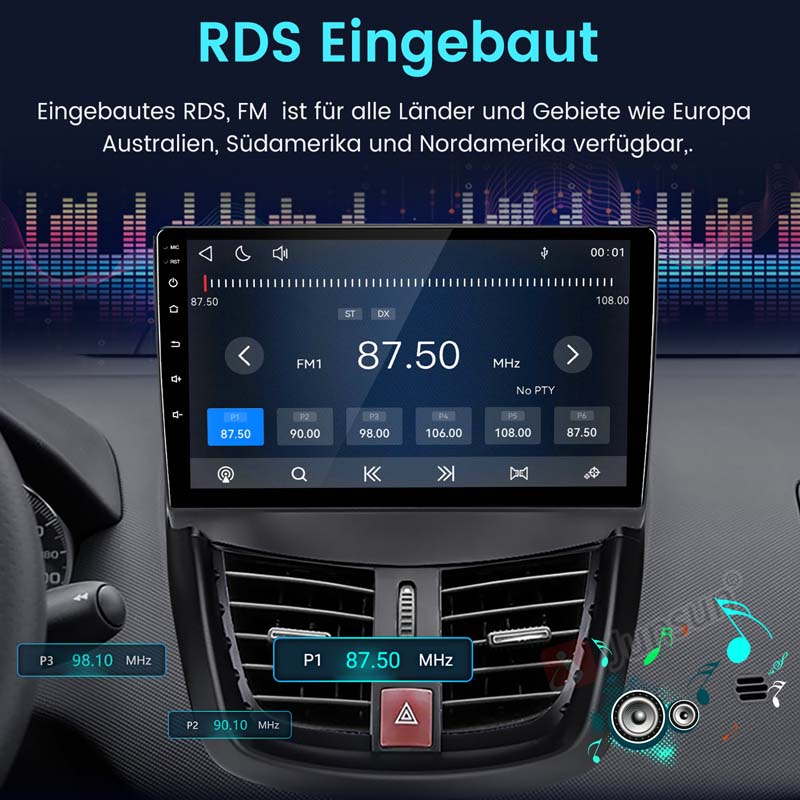 Einbau-RDS-Radio in einem Auto mit FM-Senderanzeige und Presets.