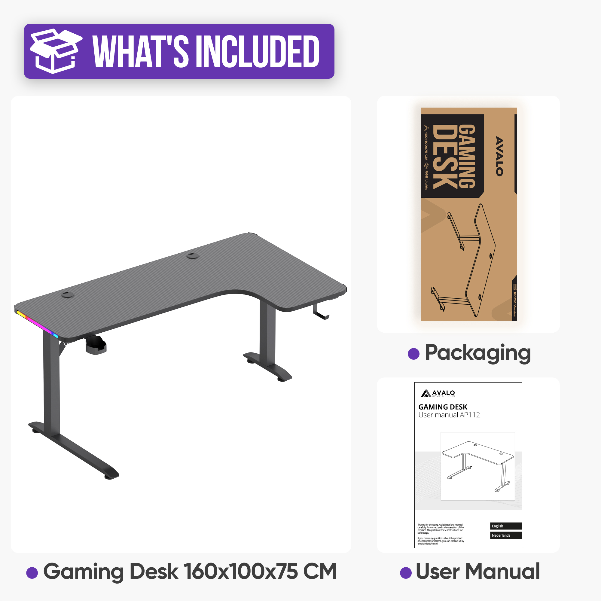 L-förmiger Gaming-Schreibtisch mit RGB-Beleuchtung, Verpackung und Handbuch.