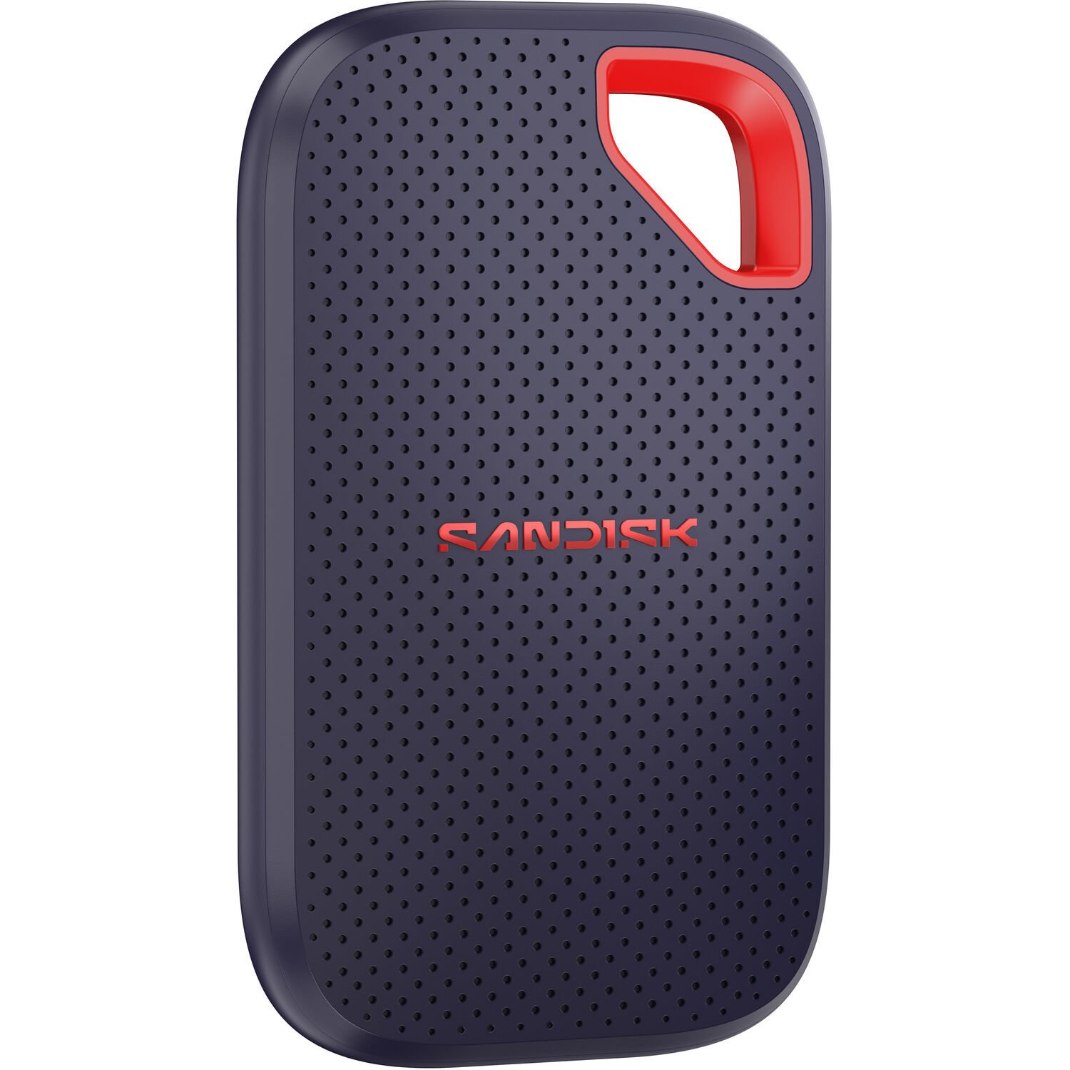 Kırmızı kulplu, delikli lacivert SanDisk SSD.