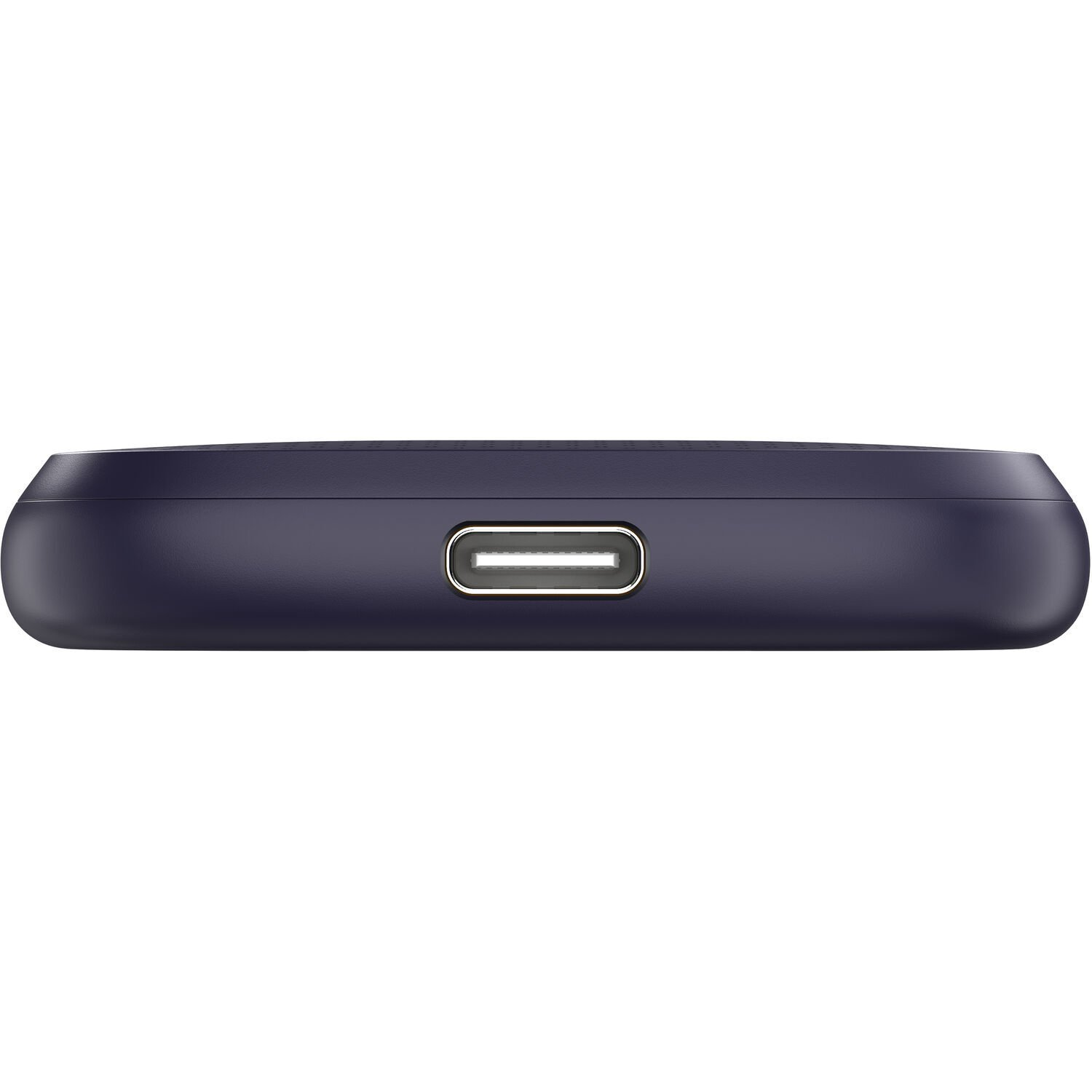 Gümüş renkli USB-C bağlantı noktasına sahip lacivert cihaz.