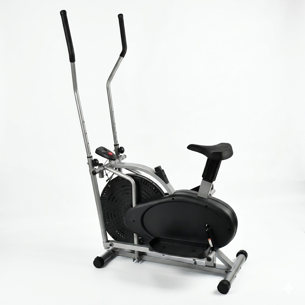 Ein silbernes und schwarzes elliptisches Fitnessgerät mit Sitz und Lenker auf weißem Hintergrund.