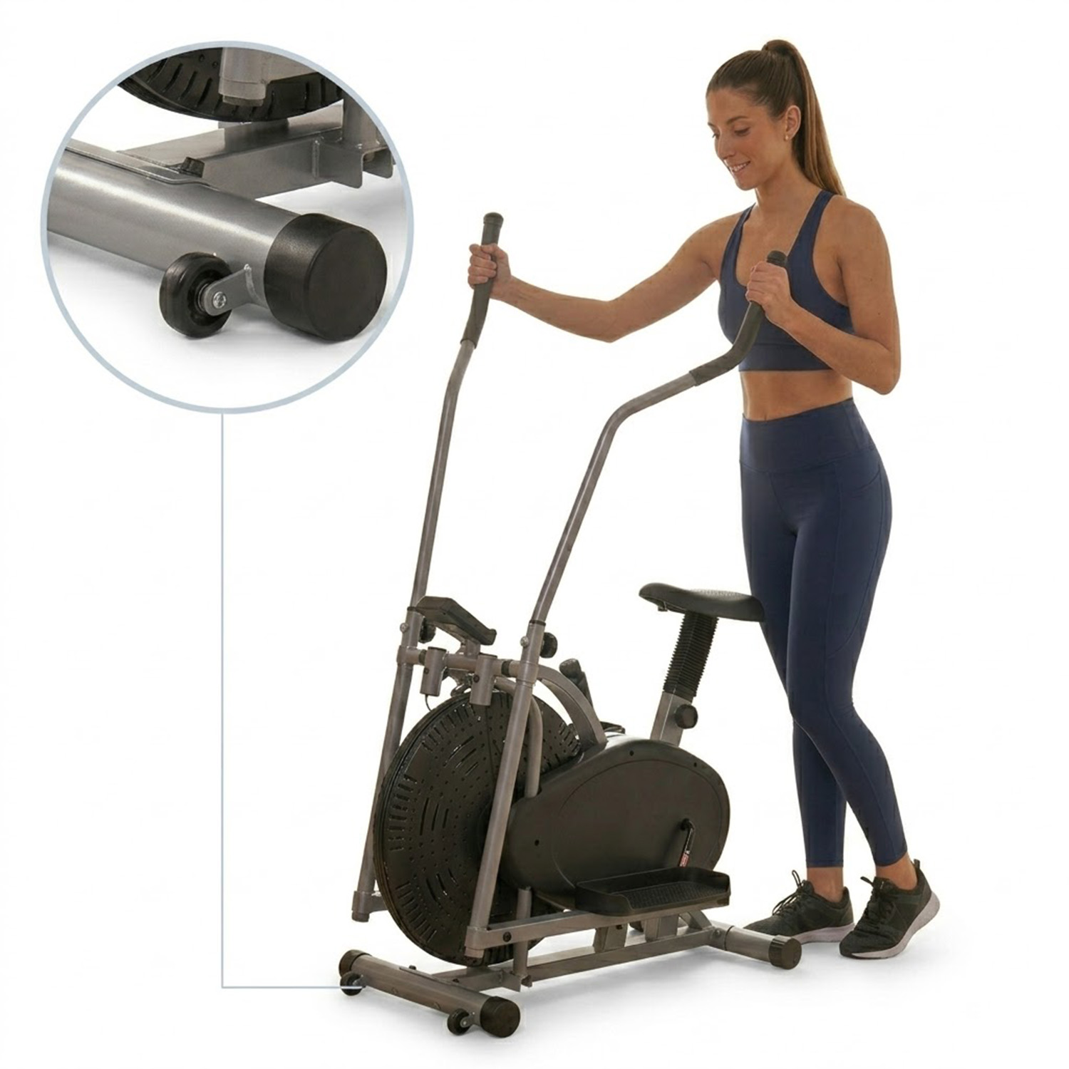 Frau auf einem Heimtrainer, Nahaufnahme der Räder und des Rahmens.