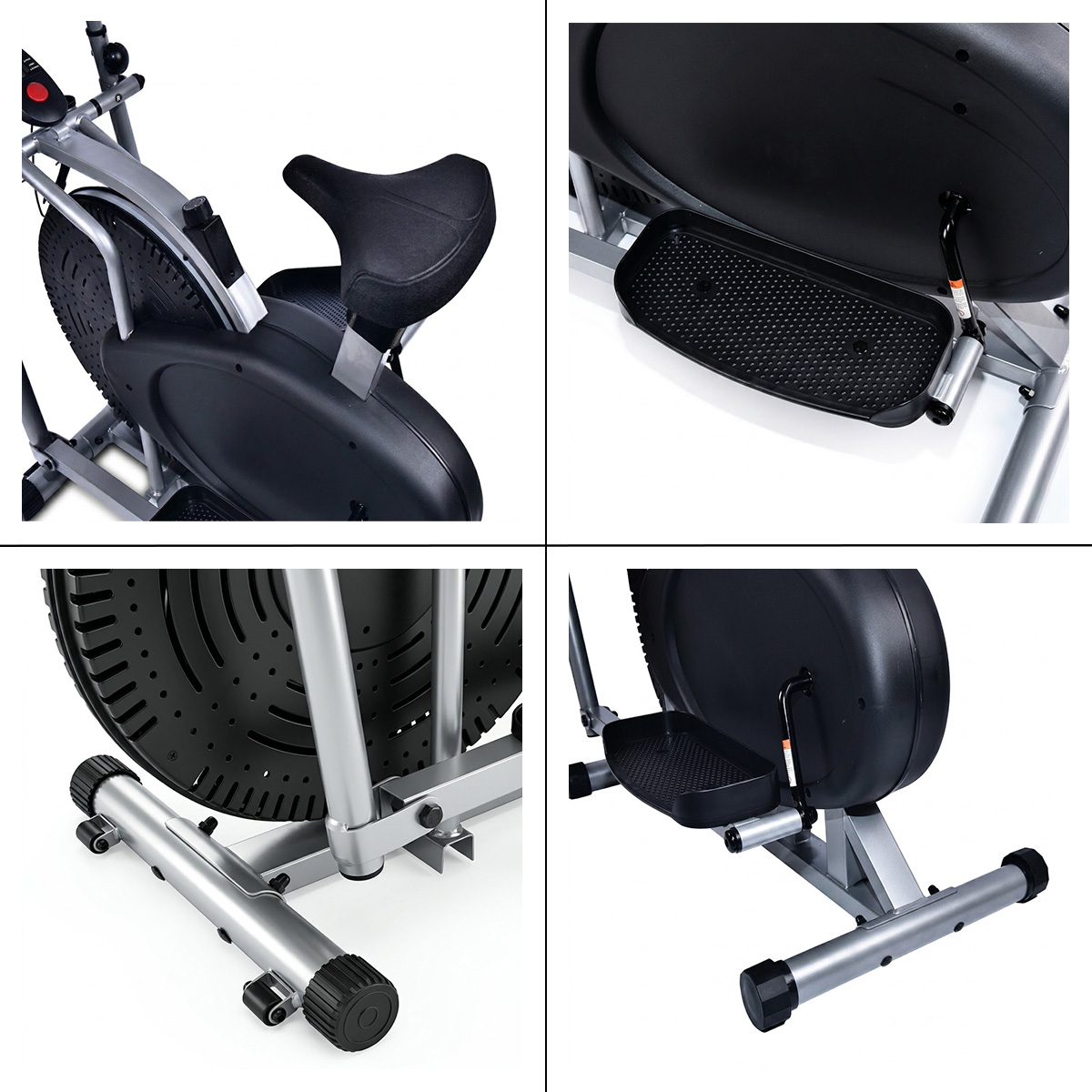 Ein elliptisches Fahrrad mit Sitz, Pedalen und Schwungrad.