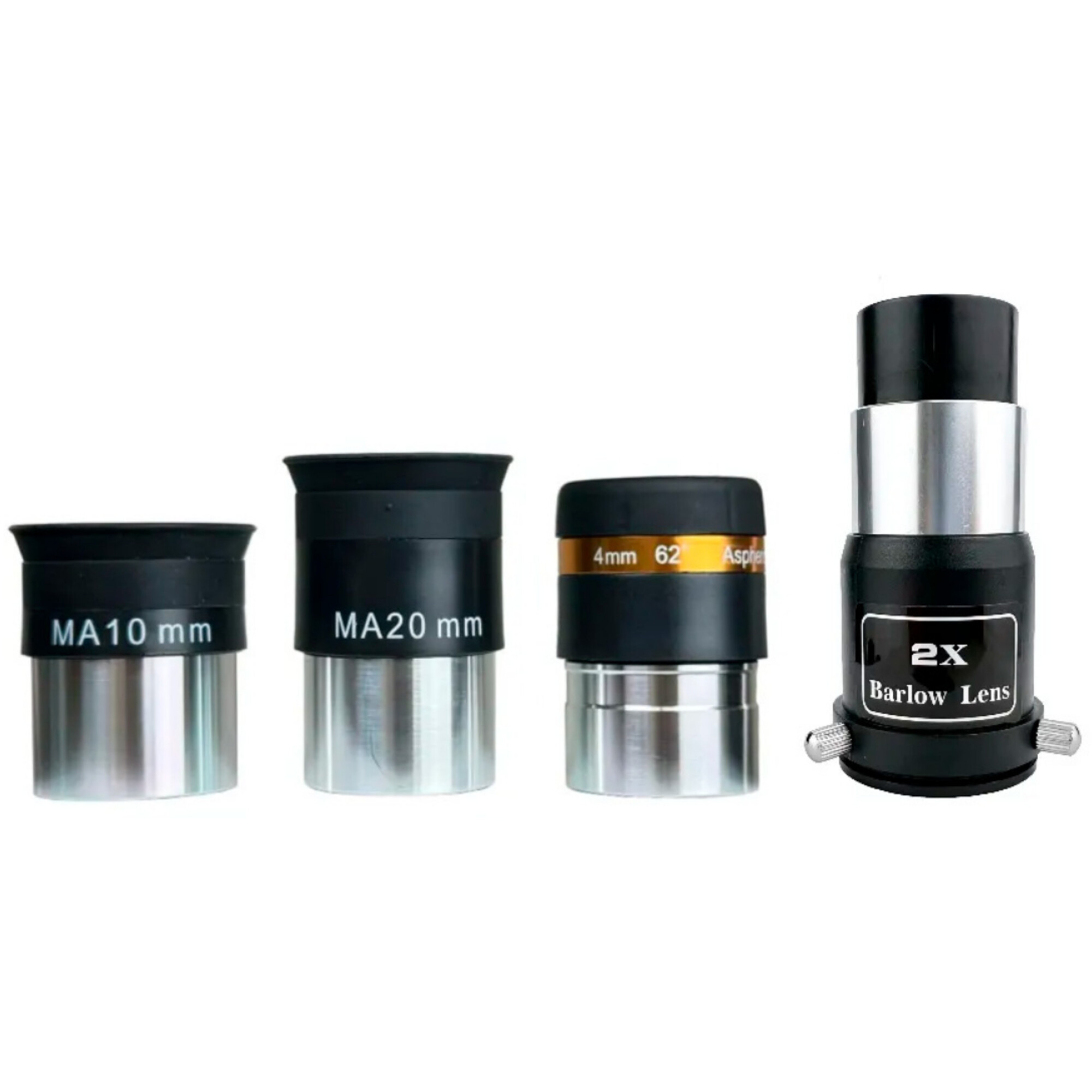 Vier Teleskopokulare: 10mm, 20mm, 4mm und eine 2x Barlow-Linse.