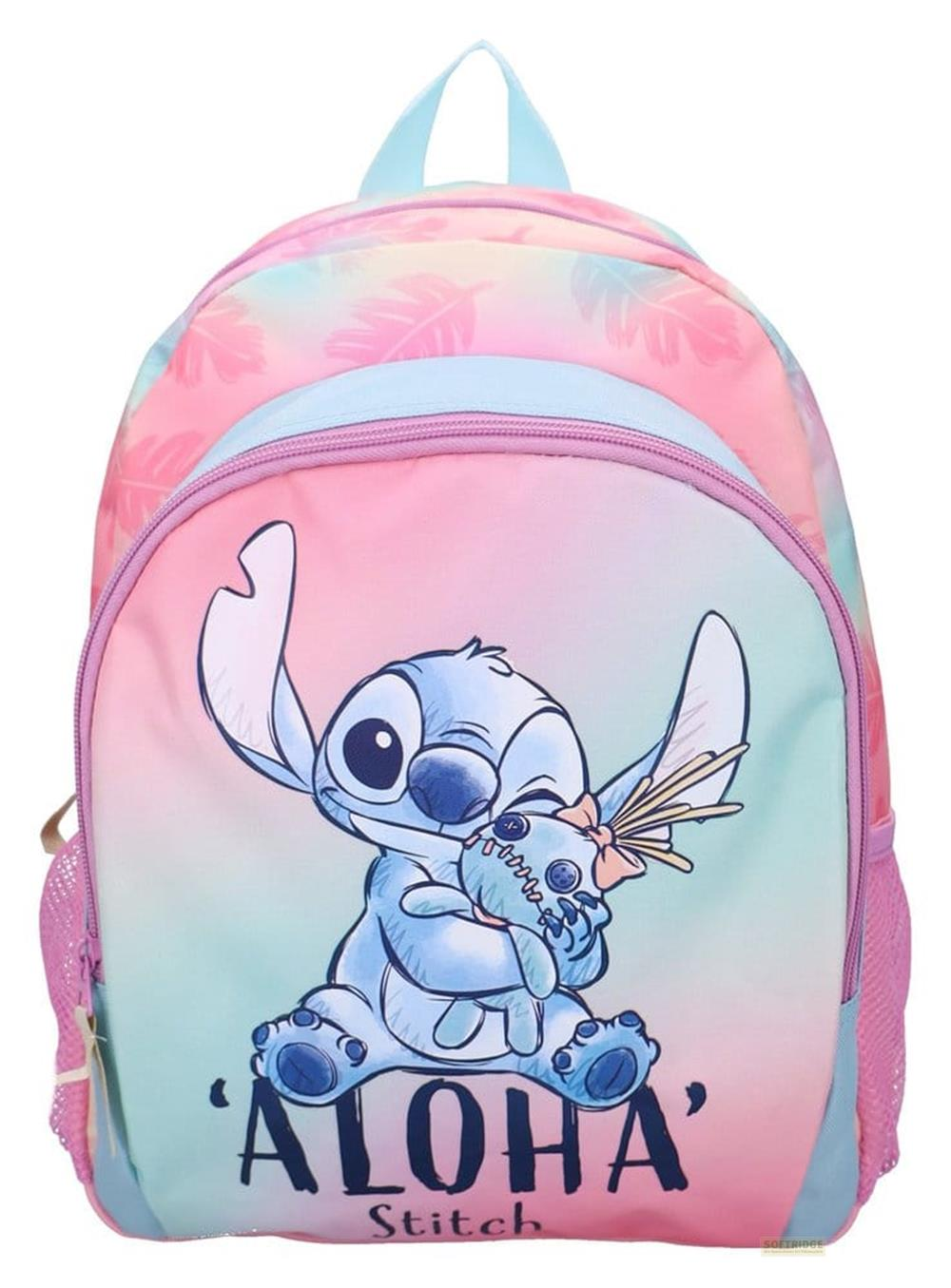 Ein blauer Rucksack mit Stitch und der Aufschrift „Aloha“ auf einem Farbverlauf.
