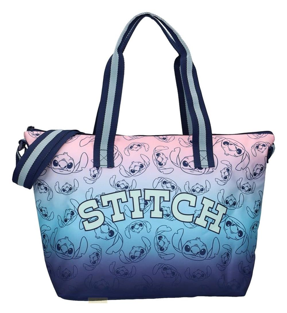 Eine Einkaufstasche mit Farbverlauf von Pink zu Blau und Stitch-Cartoon-Muster.