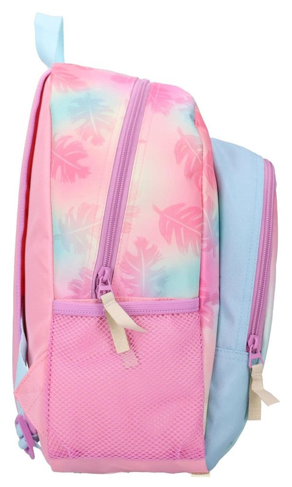 Rucksack pink mit Federdruck und Netz-Tasche. Hellblaue Seitentasche.