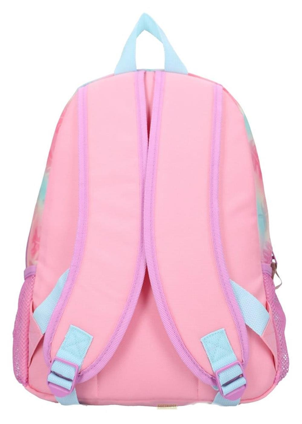 Ein rosafarbener Rucksack mit blau-pinken Trägern und einem Marmormuster.
