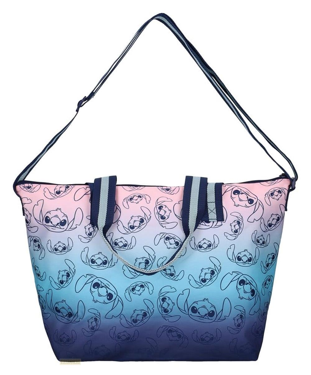 Eine Tasche mit einem Farbverlauf von Rosa zu Blau, bedruckt mit Stichen.