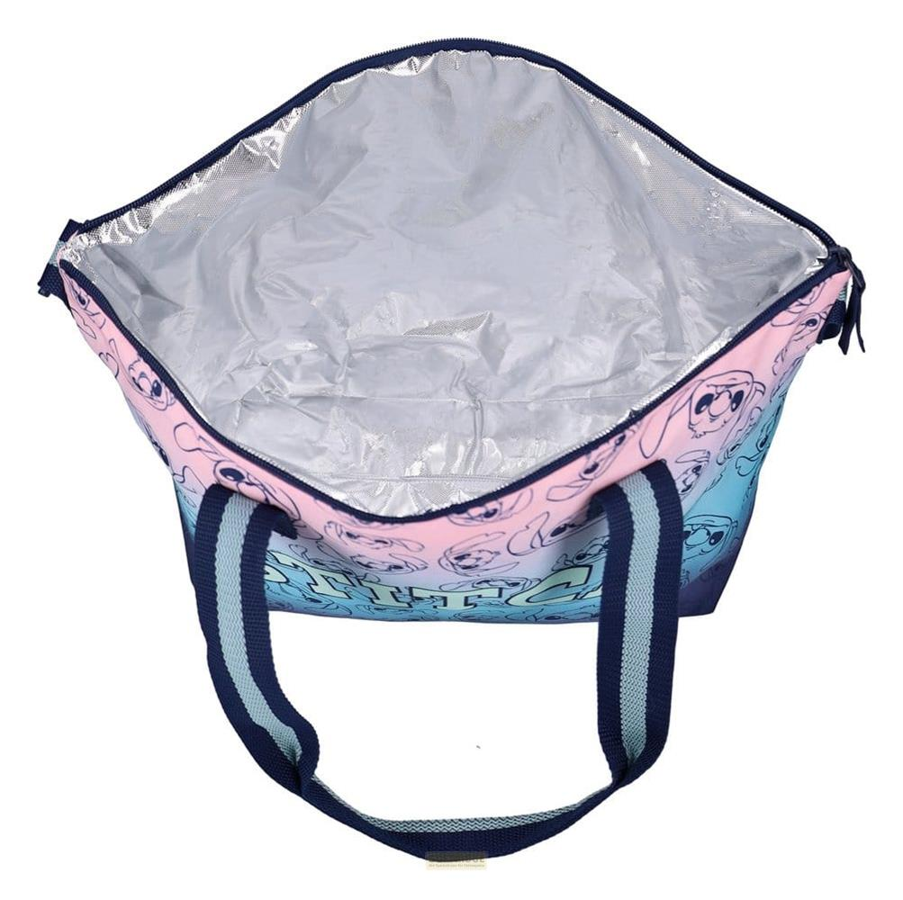 Eine offene Kühltasche mit Stitch-Aufdruck und blau-grauen Trägern.