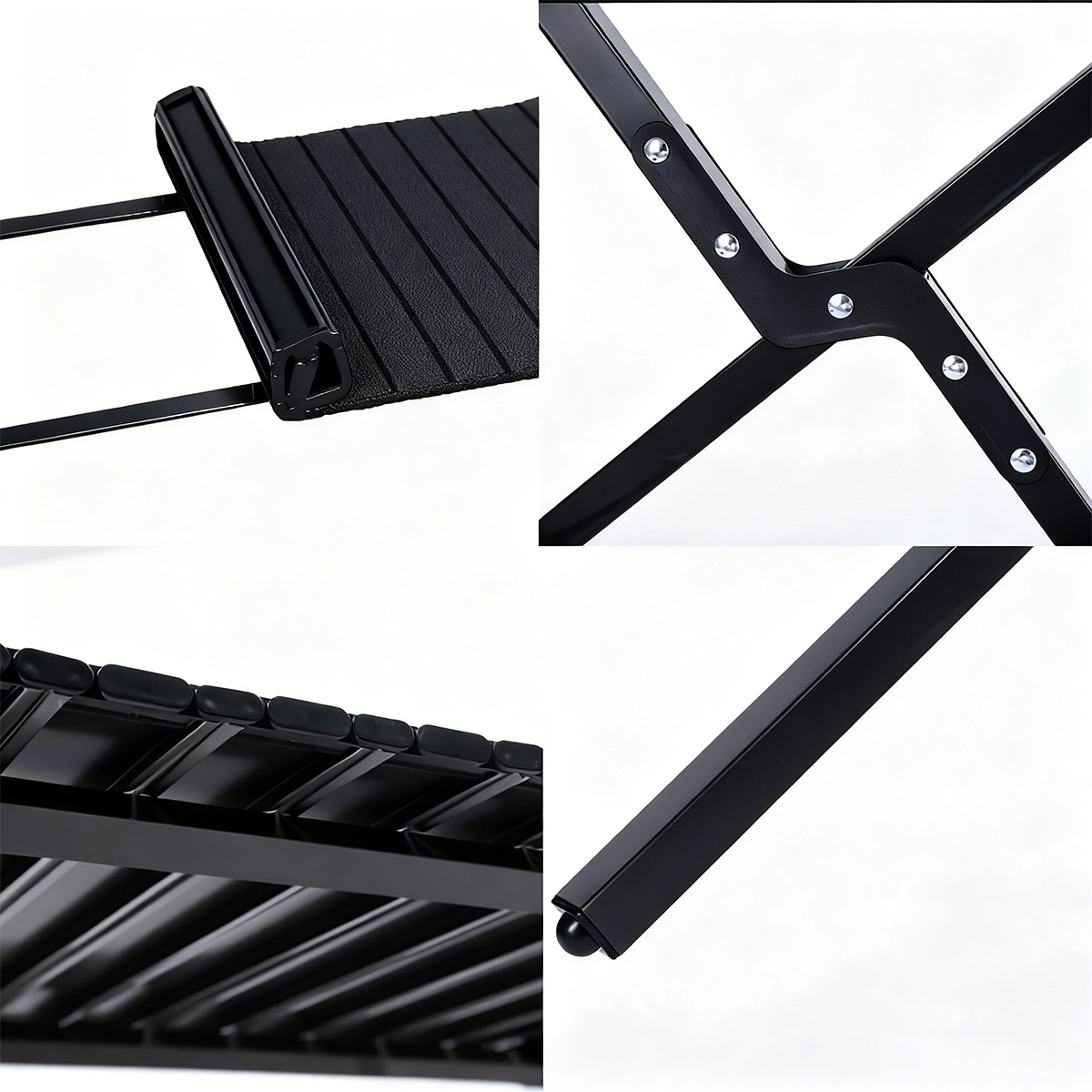 Detailansichten eines schwarzen, faltbaren Regals mit geriffelter Oberfläche und Metallrahmen.