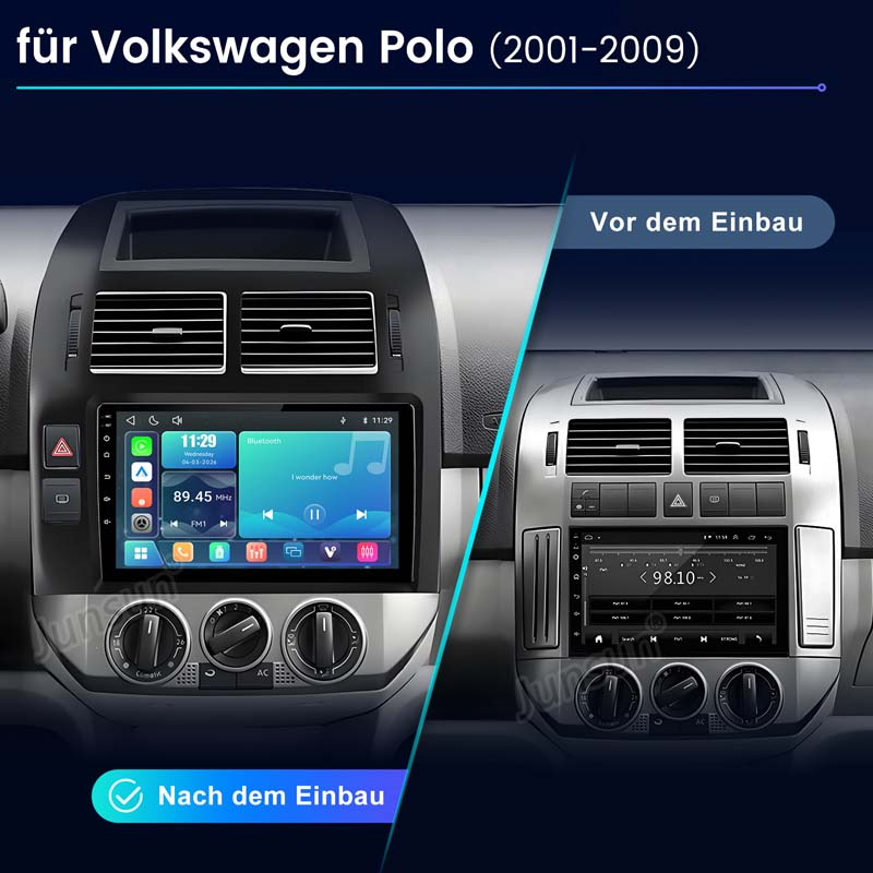 Vorher/Nachher Vergleich eines Autoradios für VW Polo, mit und ohne Einbau.