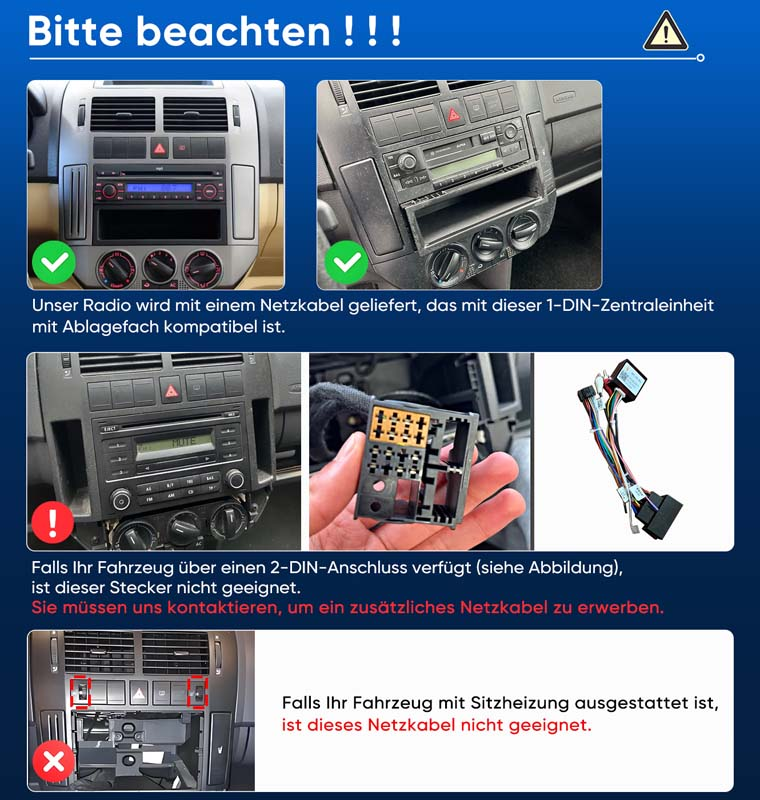 Bilder zeigen Auto-Radios, Kabel, und Einbauteile mit Warnhinweisen.