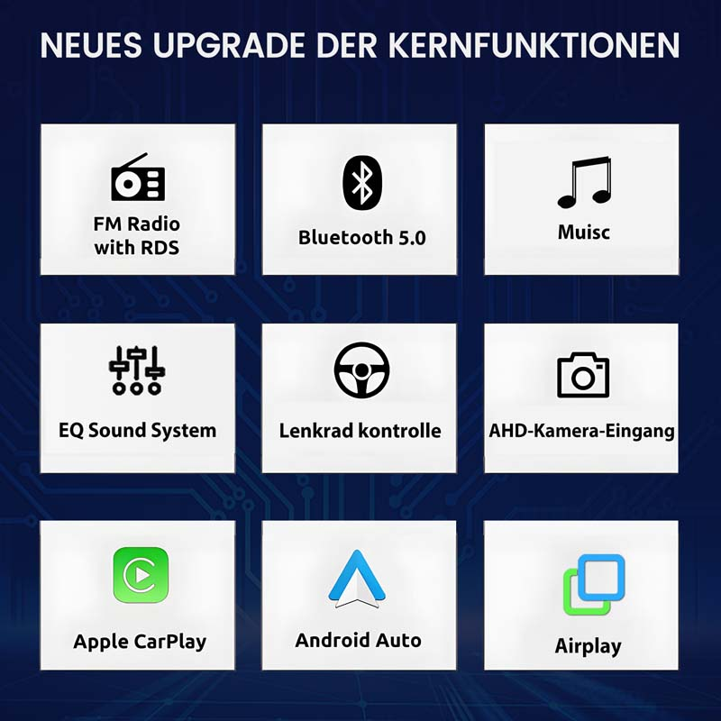 Neues Upgrade der Kernfunktionen: FM Radio, Bluetooth 5.0, Musik, EQ, Lenkradkontrolle, Kamera, CarPlay, Android Auto, Airplay.