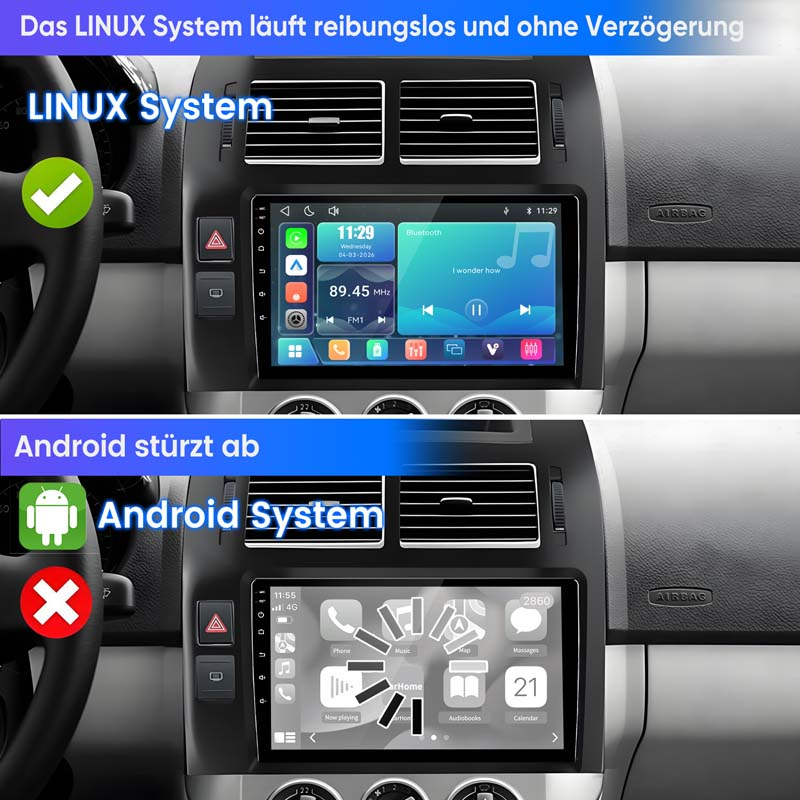 Zwei Autoinfosysteme: LINUX läuft reibungslos, Android stürzt ab.