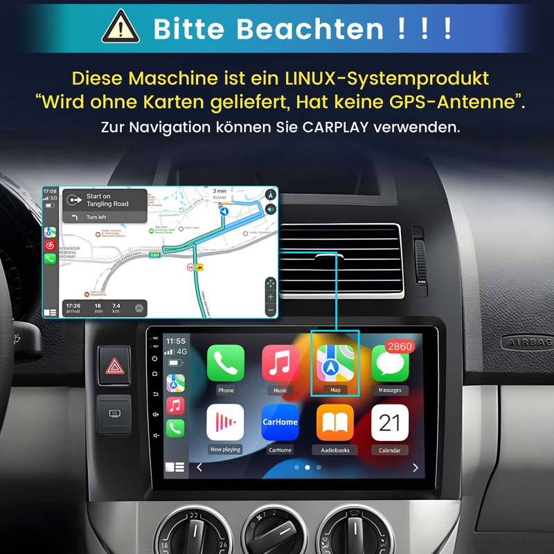 Armaturenbrett mit zwei Bildschirmen. Oben eine Karte, unten ein App-Menü.