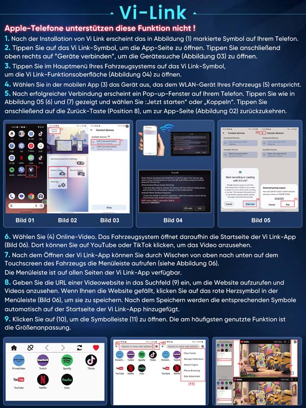 Anleitung zur Vi-Link-App mit Screenshots von Telefon und Auto-Bildschirmen.