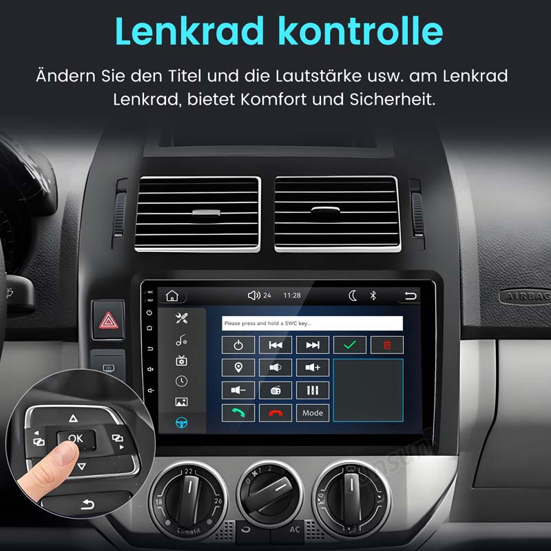 Ein Auto-Touchscreen-Display zeigt Lenkradsteuerungsoptionen und Bedienelemente.