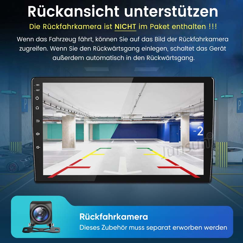 Ein Bildschirm zeigt eine Parkgarage mit Markierungen. Unten eine Kamera.
