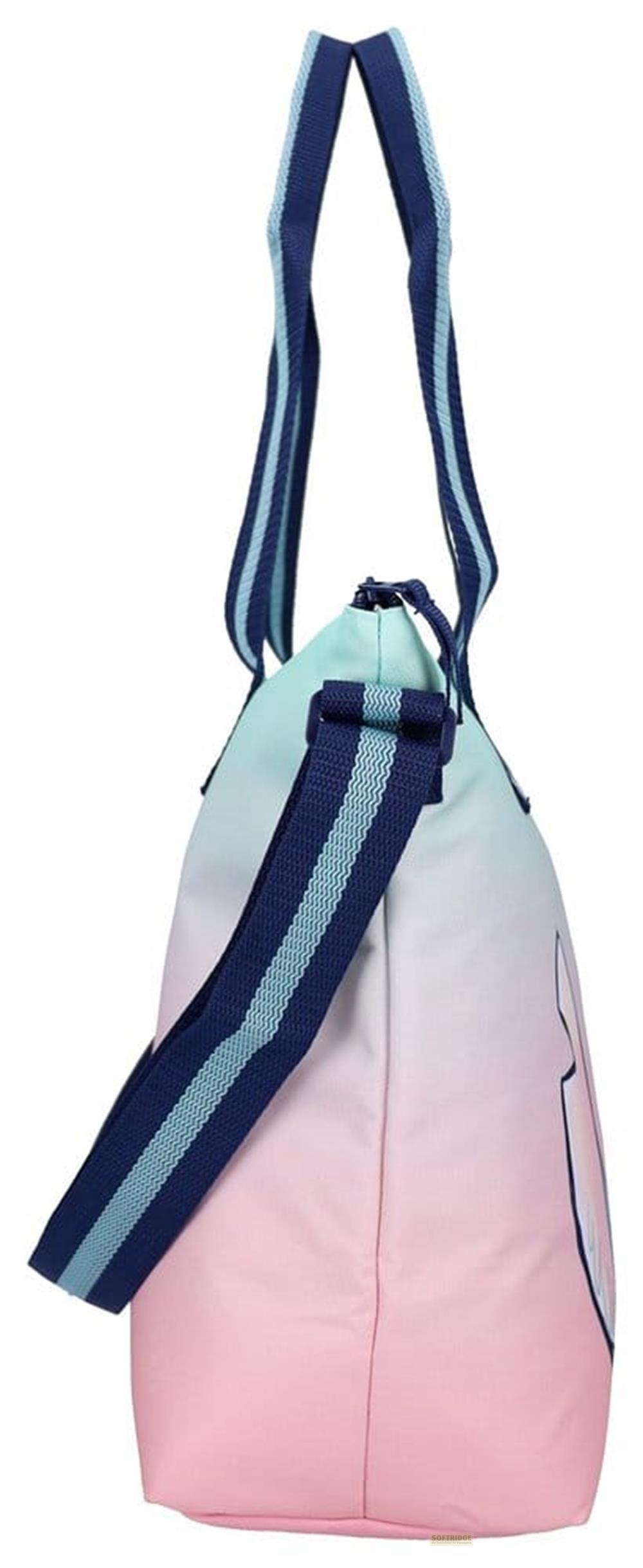 Eine Tasche mit blau-hellblauen Trägern, die von hellgrün zu rosa verläuft.