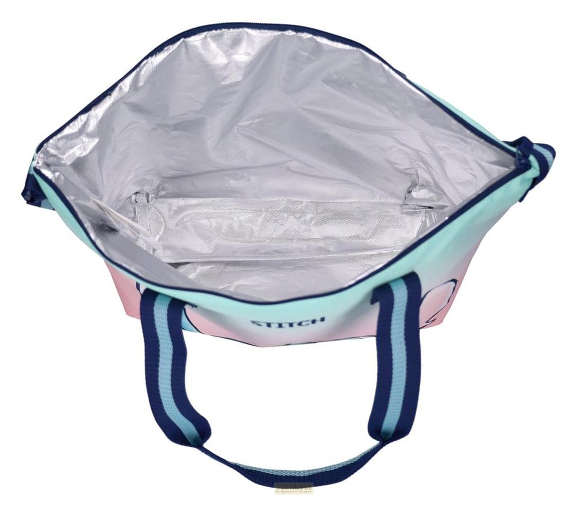 Eine offene Kühltasche mit rosa-blauem Farbverlauf und Herzen.