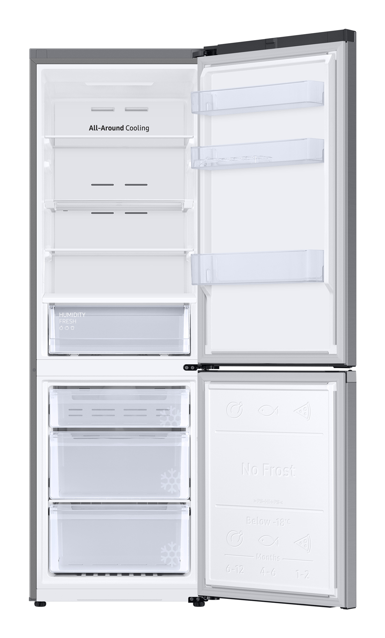 Open koelkast met lege planken, groentelade en vrieslades. Voorzien van 'All-Around Cooling'.