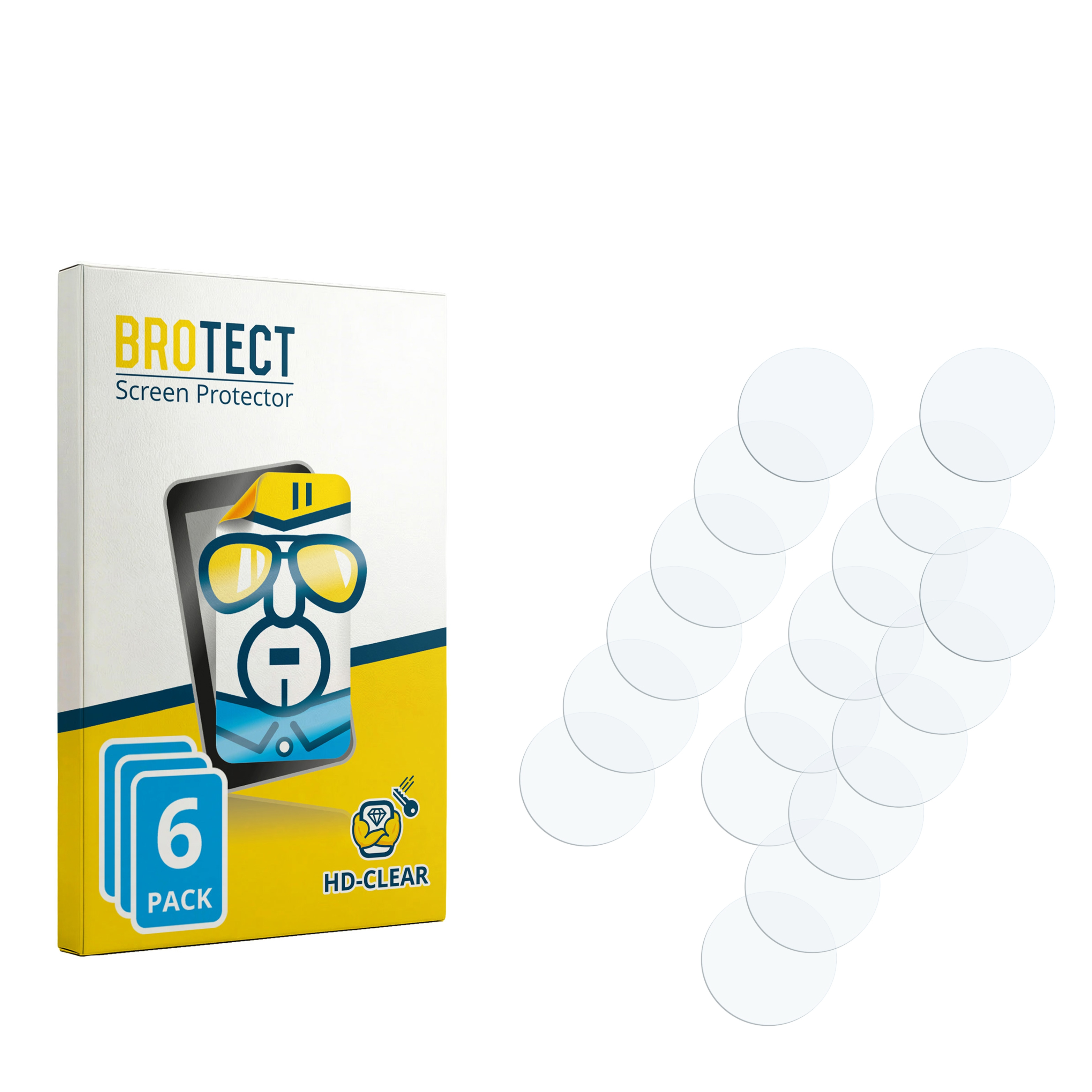 Verpackung für Displayschutzfolien mit 6 Stück und einzelnen Schutzfolien.