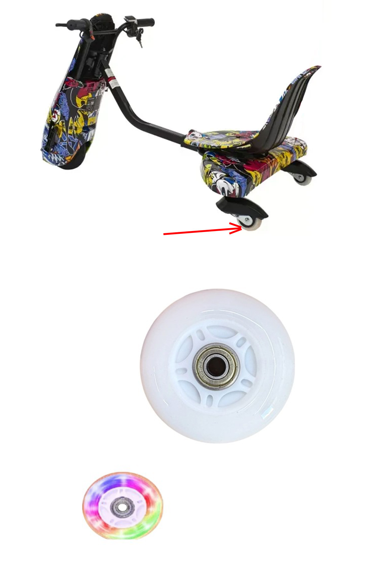 Üç tekerlekli renkli scooter, bir beyaz tekerlek ve bir aydınlatmalı tekerlek.