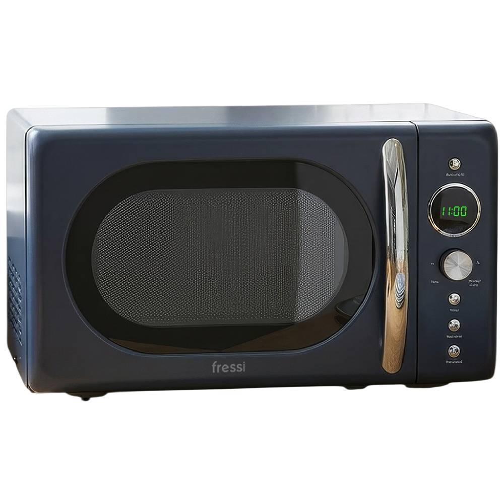 Gümüş saplı, dijital saat göstergeli, lacivert retro mikrodalga fırın.