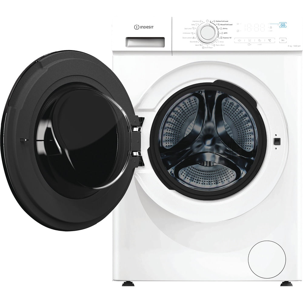 Witte wasmachine met open deur, trommel zichtbaar, bedieningspaneel boven.
