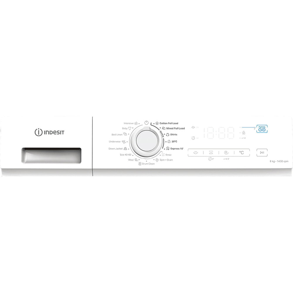 Bedieningspaneel van een witte wasmachine met draaiknop, display en knoppen.