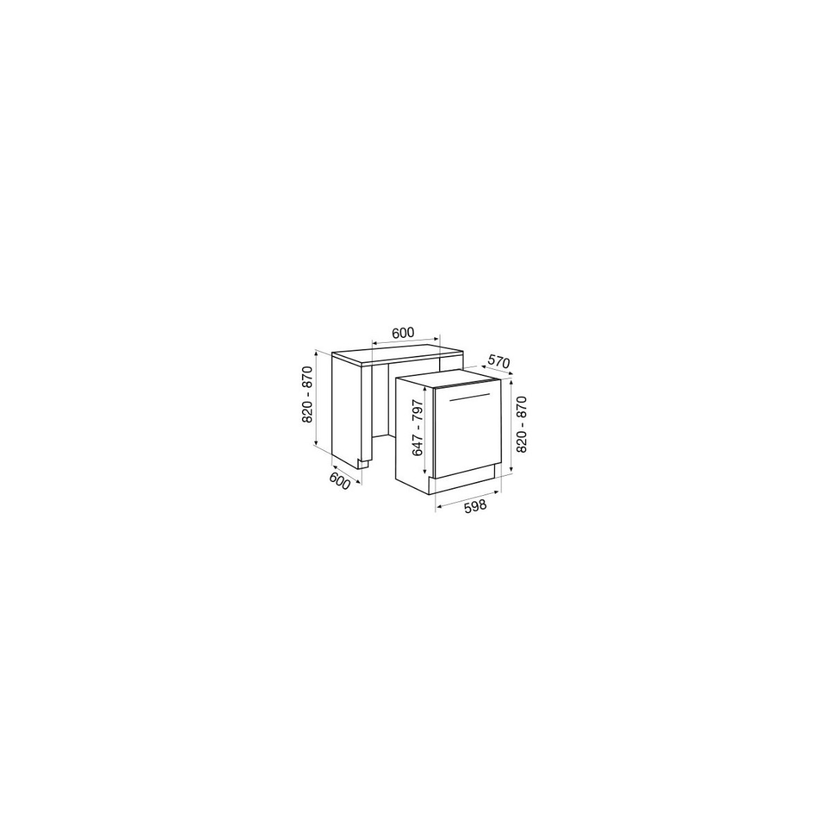 Disegno tecnico di una lavastoviglie accanto a un mobile base con dimensioni.