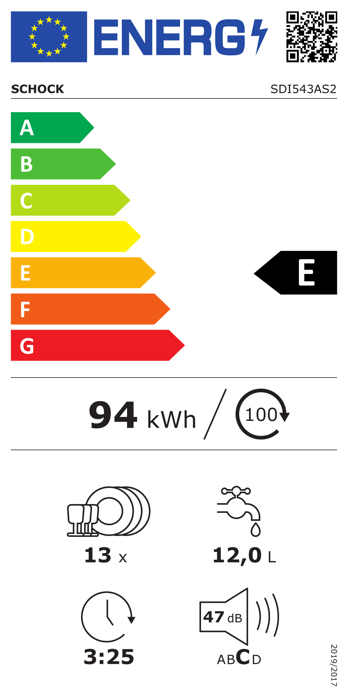 Etichetta energetica classe E, 94 kWh/100 cicli, 13 coperti, 12L acqua.