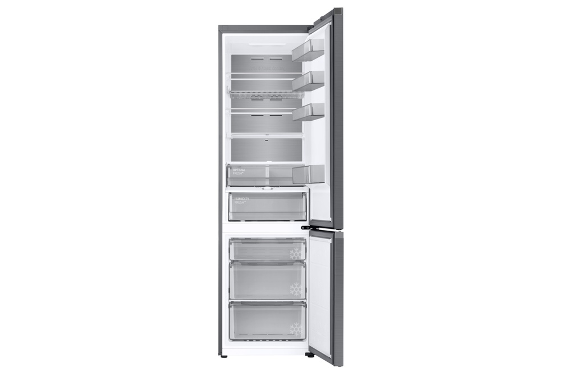 Ein offener grauer Kühlschrank mit mehreren Fächern und Schubladen.