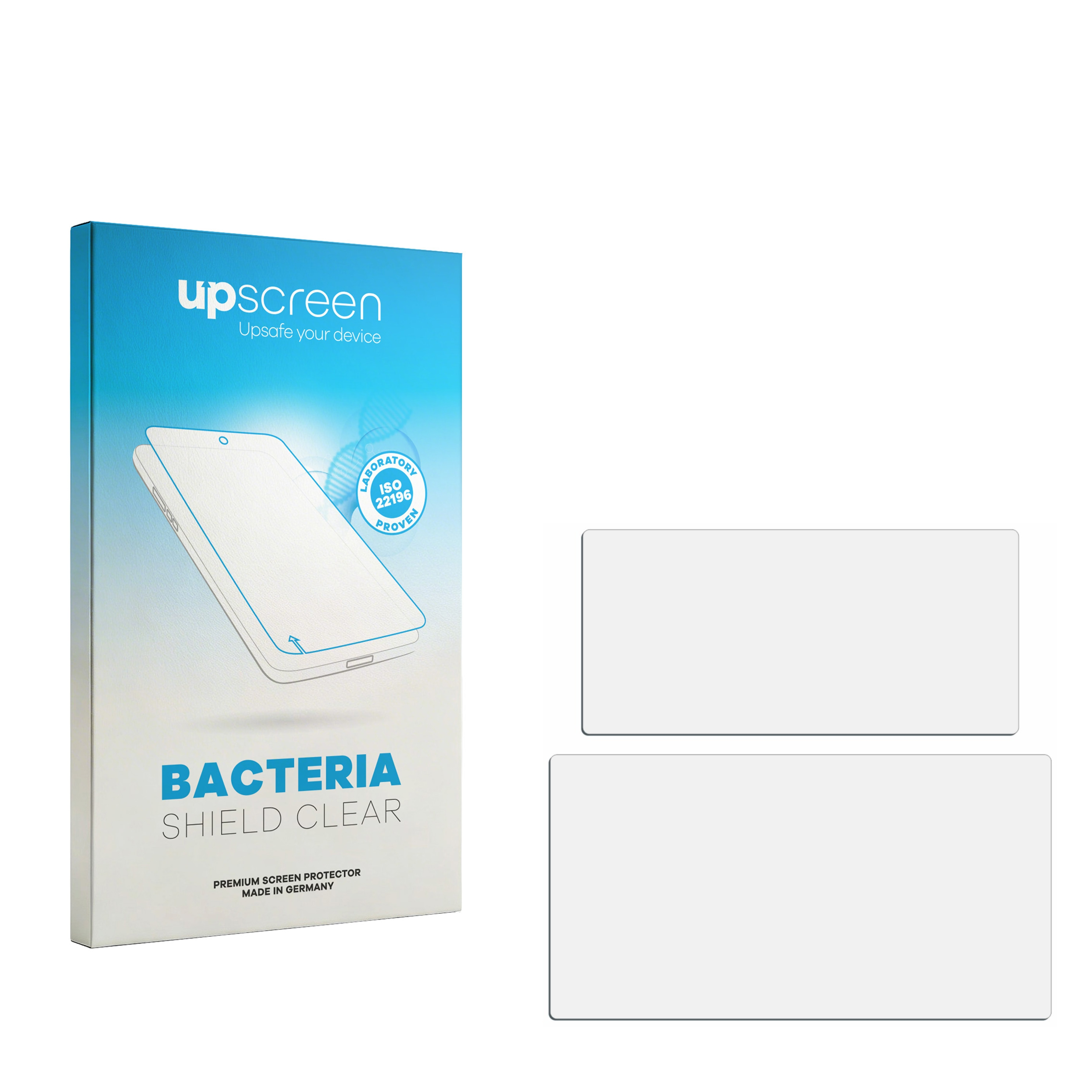 Verpackung mit einem Smartphone-Schutz und zwei leeren Rechtecken.