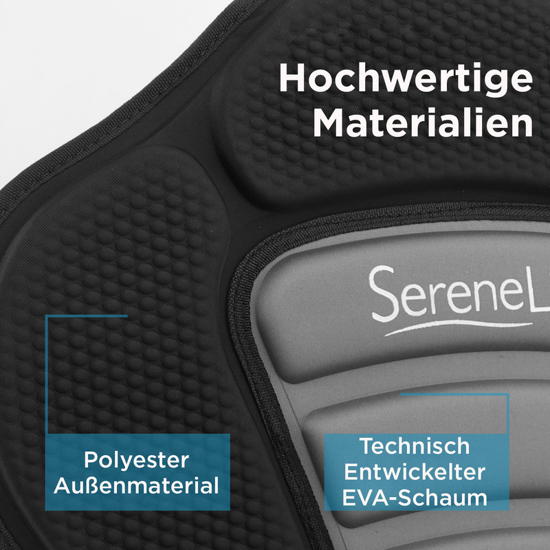 Nahaufnahme von schwarzem Polstermaterial mit Text: "Hochwertige Materialien", "Polyester Außenmaterial", "SereneLi", "Technisch Entwickelter EVA-Schaum".