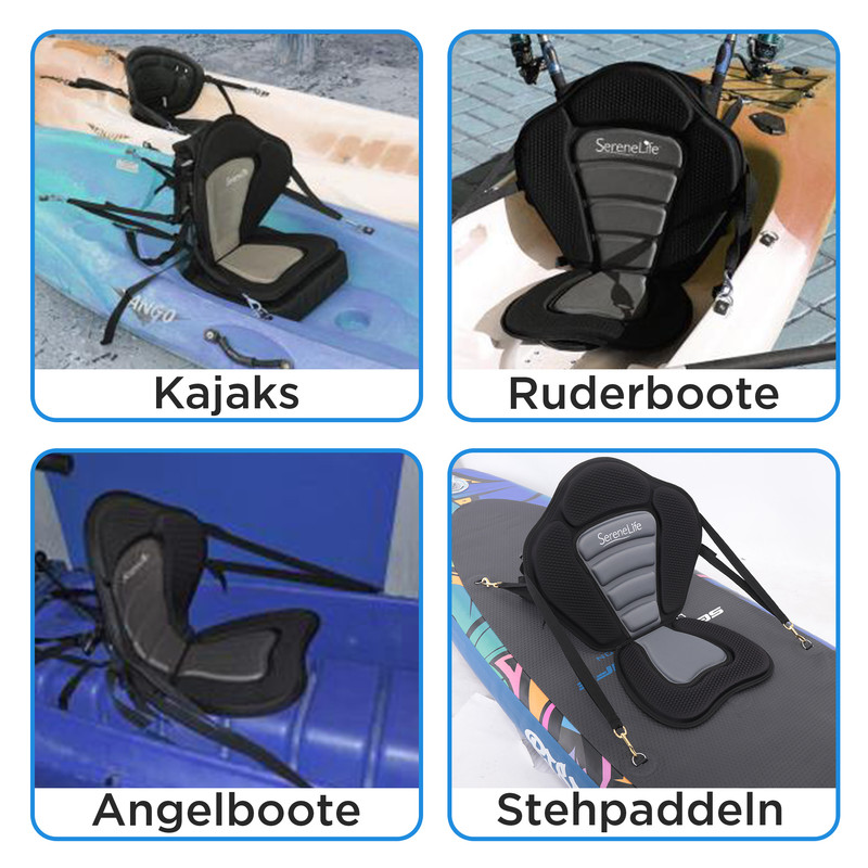 Vier Bilder zeigen Kajak-, Ruder-, Angelboote und Stehpaddel mit Sitzen.