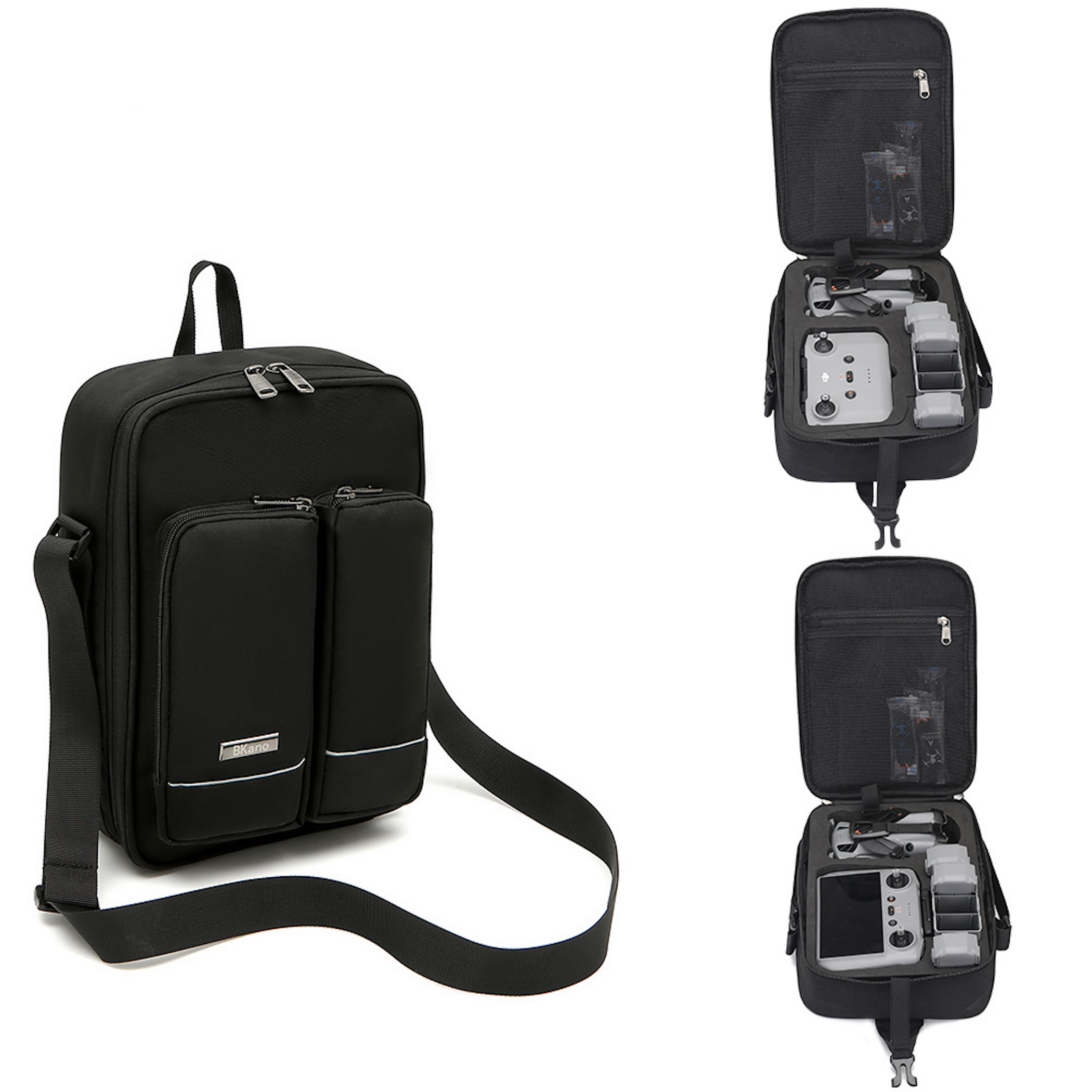 Bolsa negra para drones con dron, control y baterías dentro.
