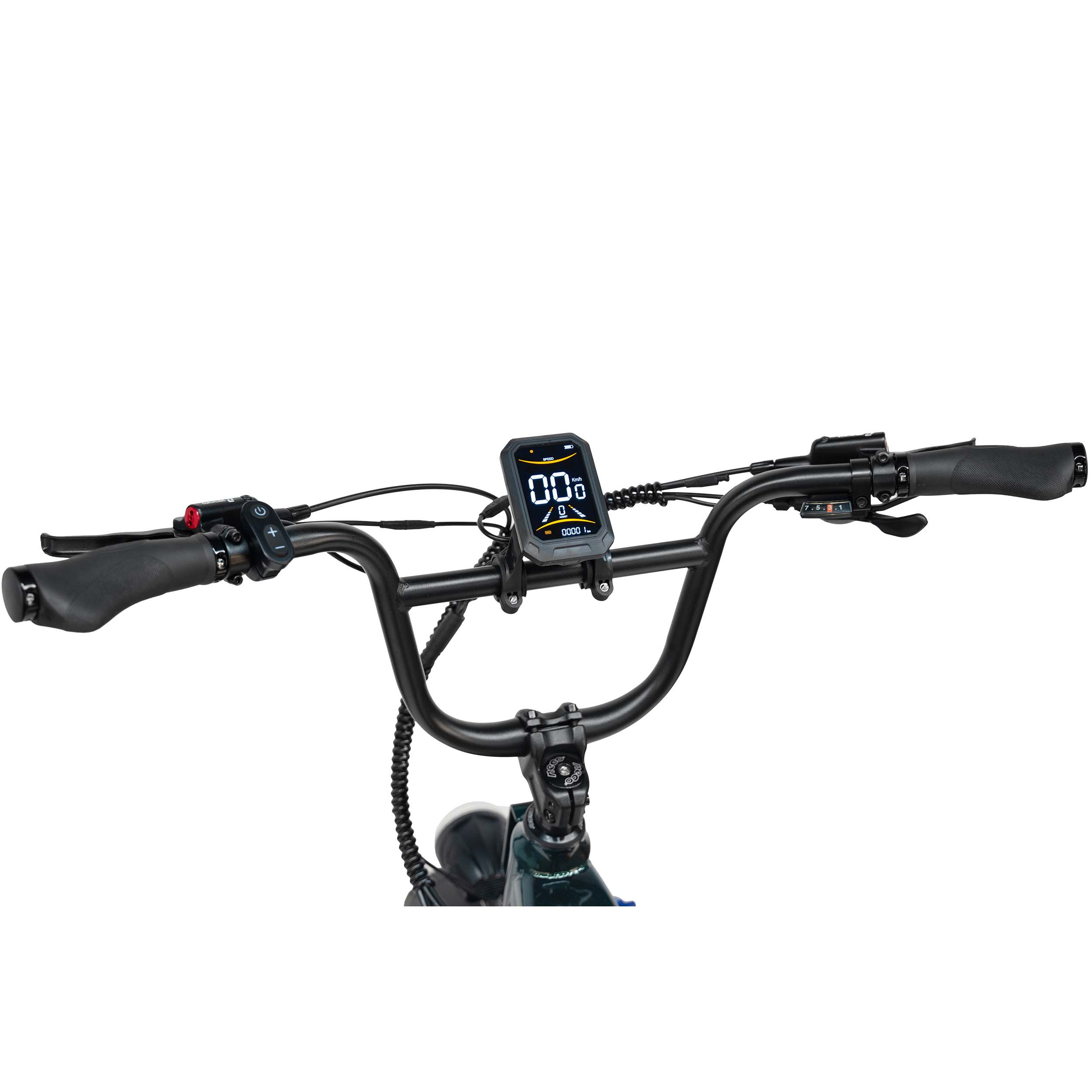 Fahrradlenker mit Display, Griffen und Bremsen.