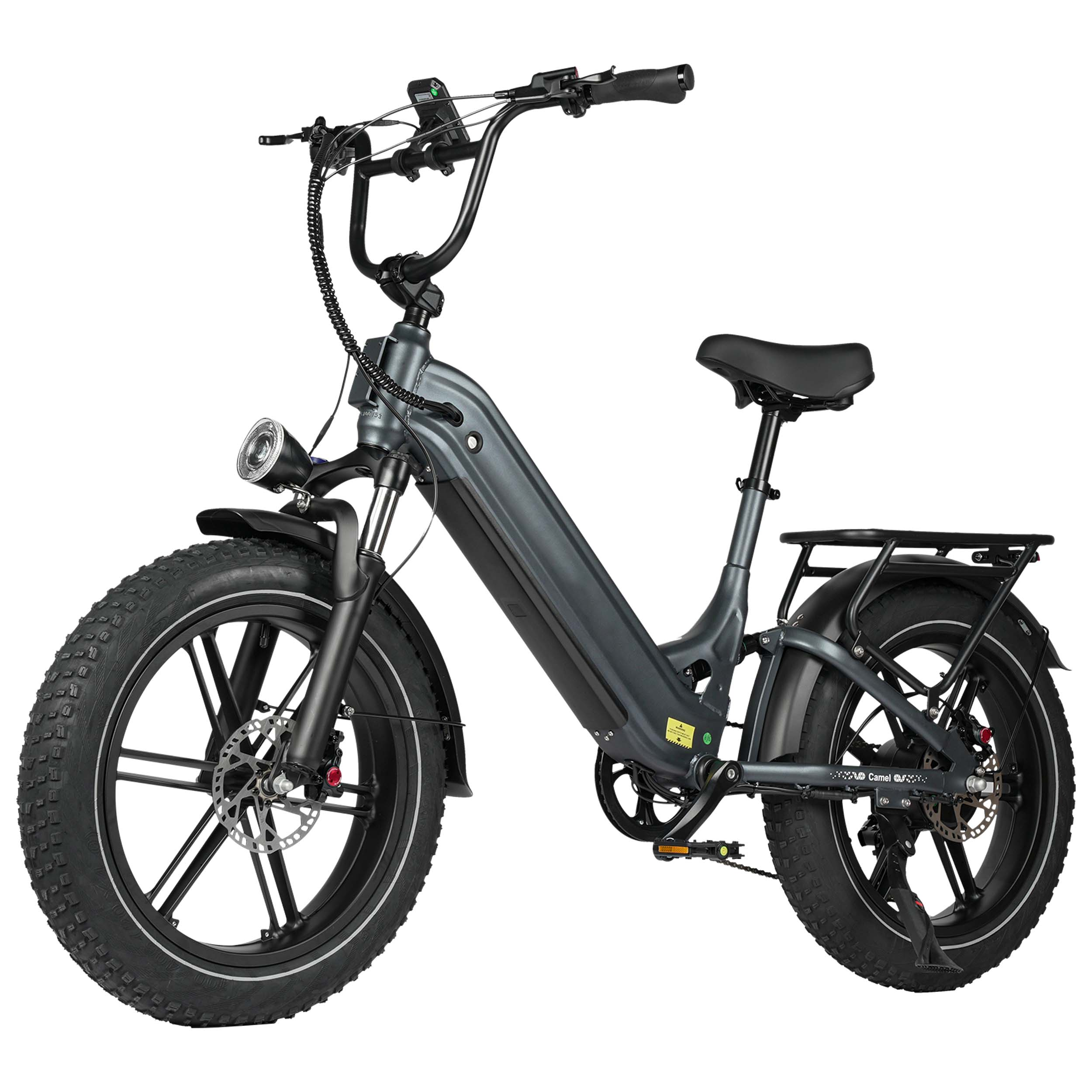 Ein graues E-Fatbike mit schwarzen Lenkern, Sitz und Schutzblechen.