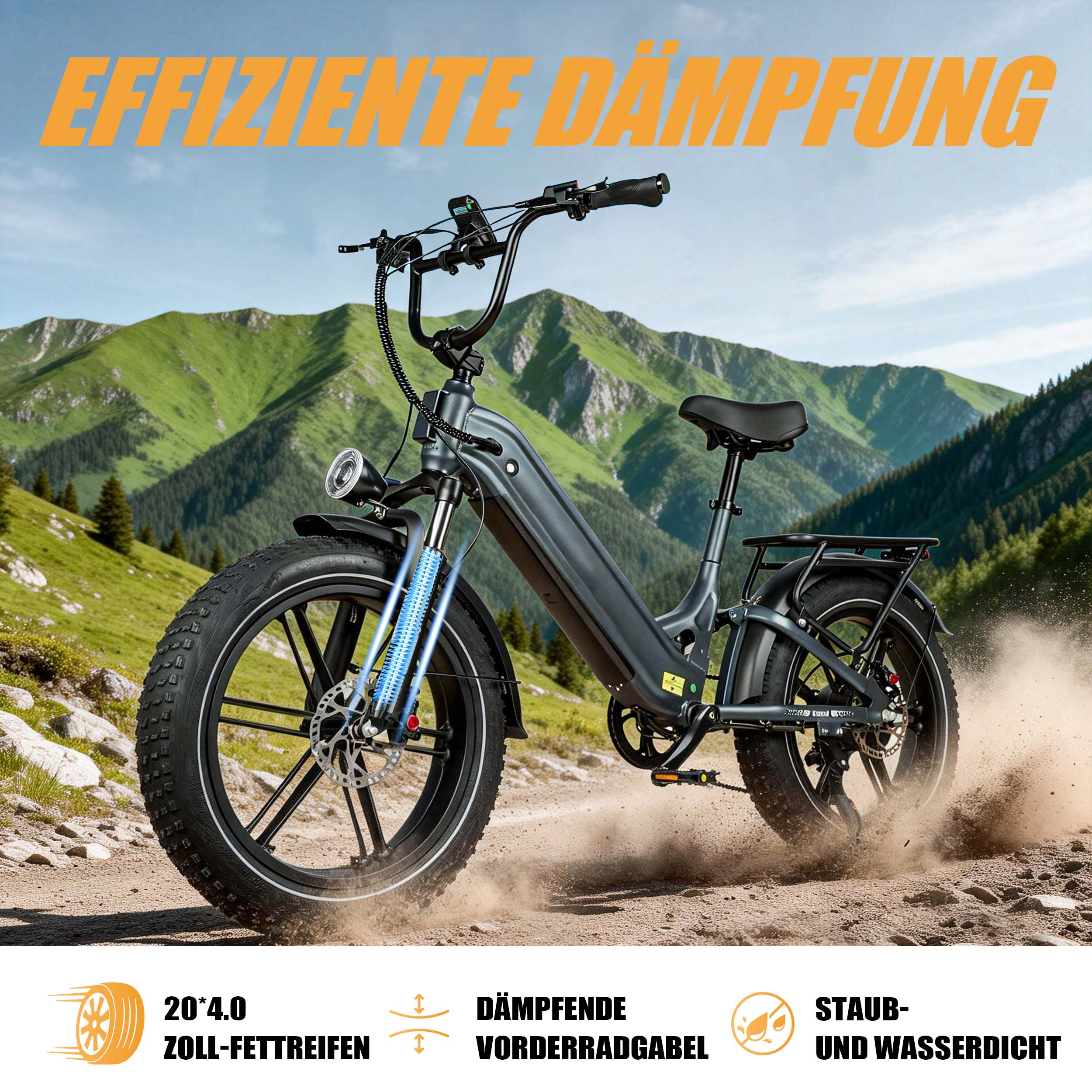 Ein graues E-Bike fährt auf einem Feldweg in den Bergen.