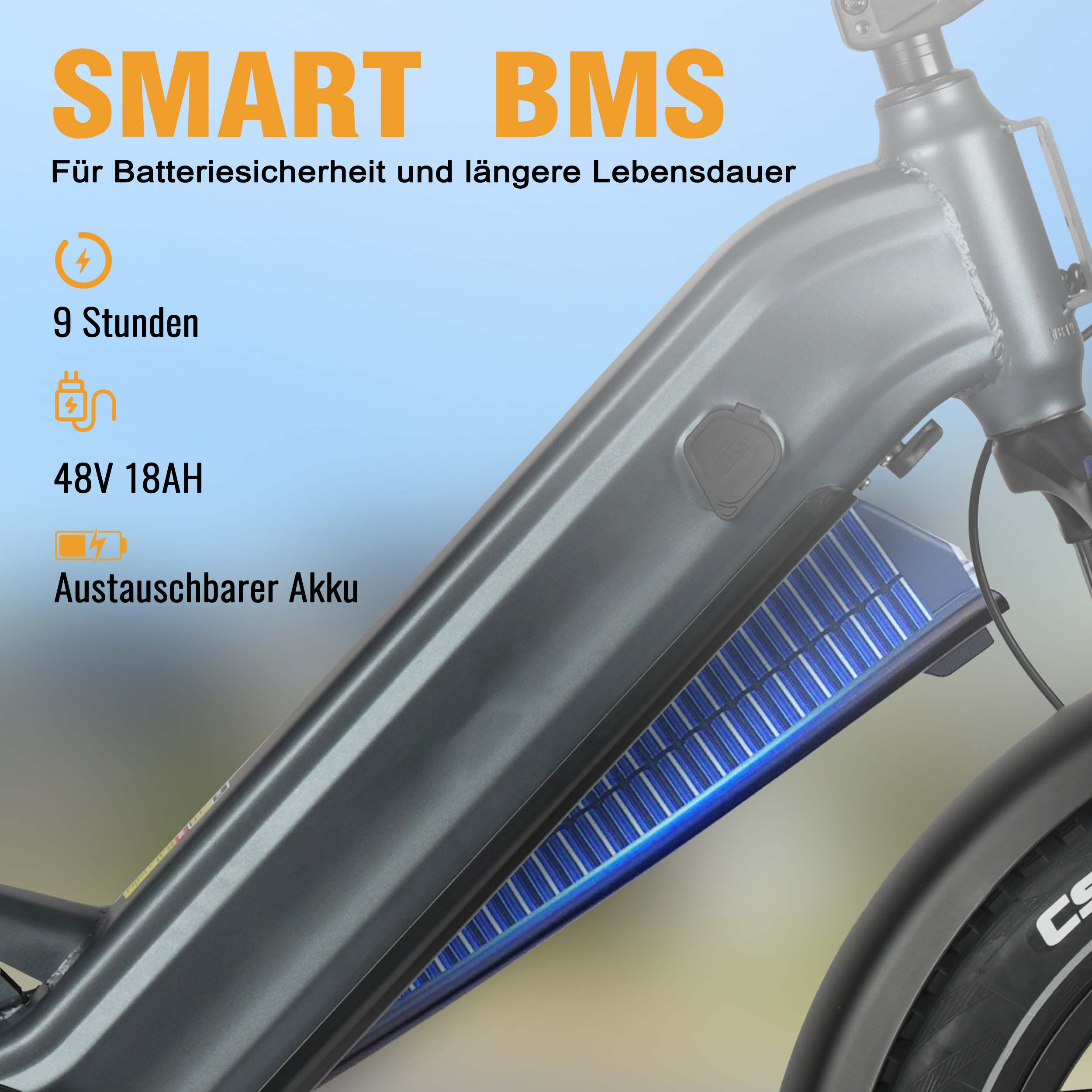 E-Bike Akku mit Infos: 9h Ladezeit, 48V 18AH, austauschbar.