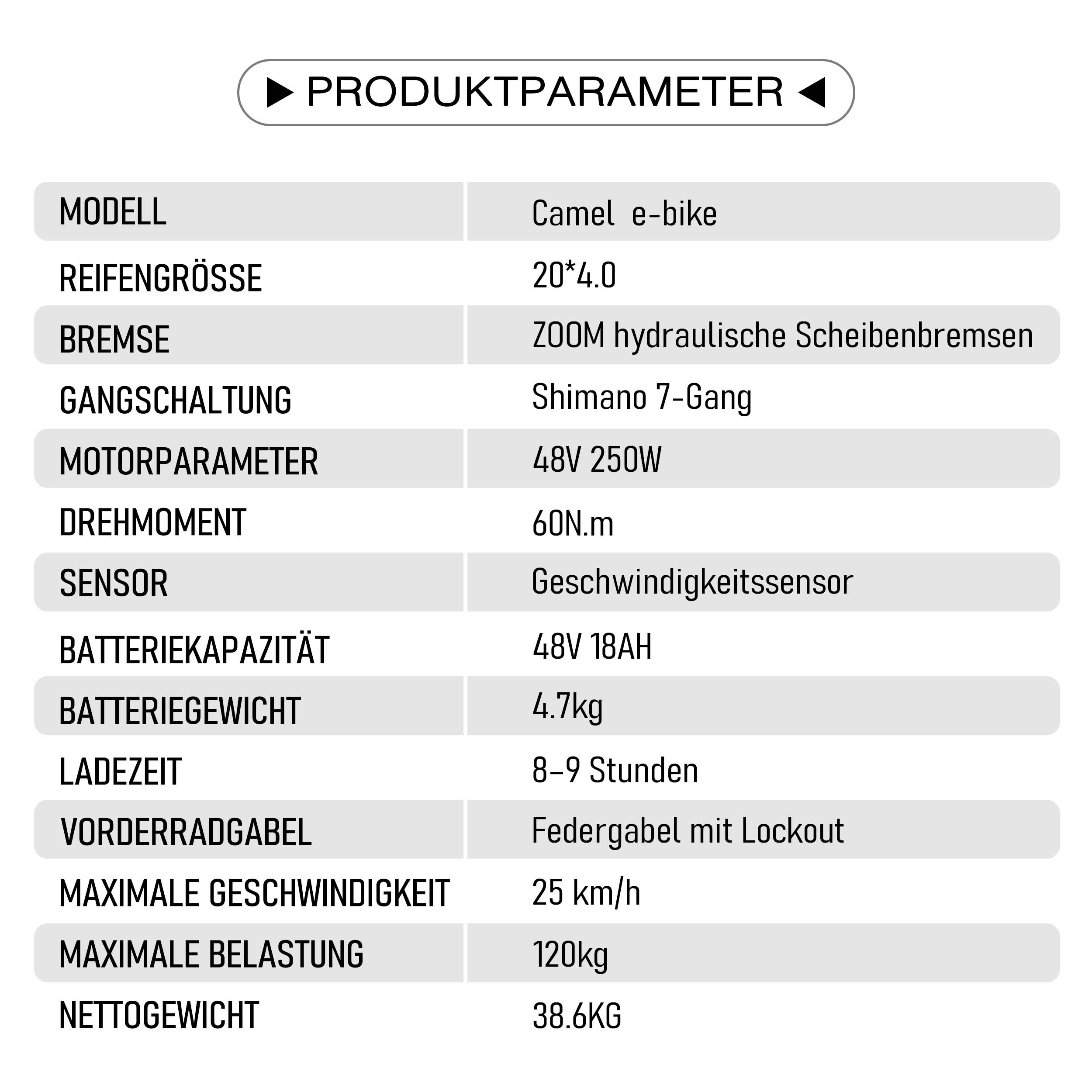Produktspezifikationen: Camel E-Bike, 20x4.0 Reifen, hydraulische Scheibenbremsen.