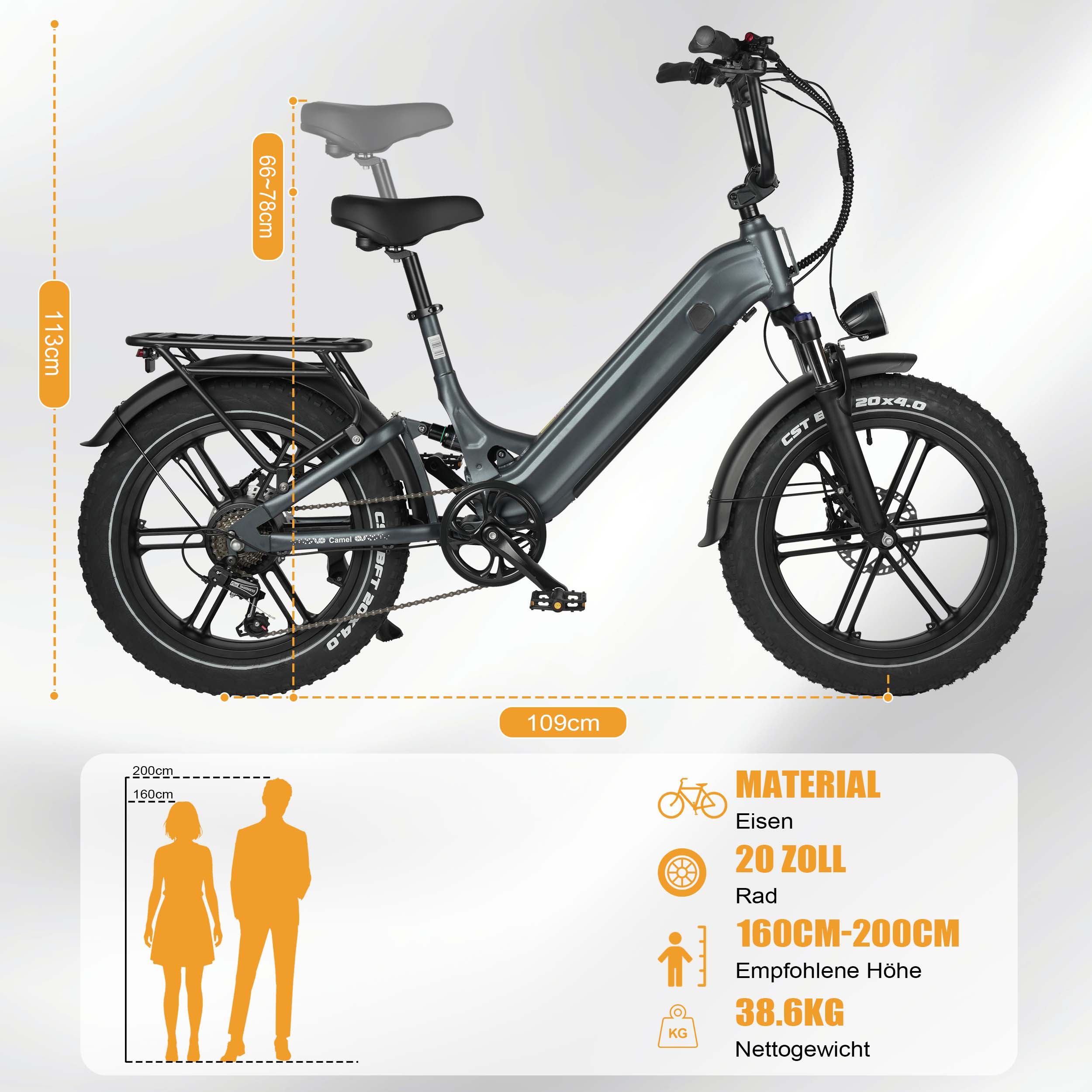 Graues E-Bike mit fetten Reifen, Gepäckträger, Sitzhöhen- und Längenangaben.