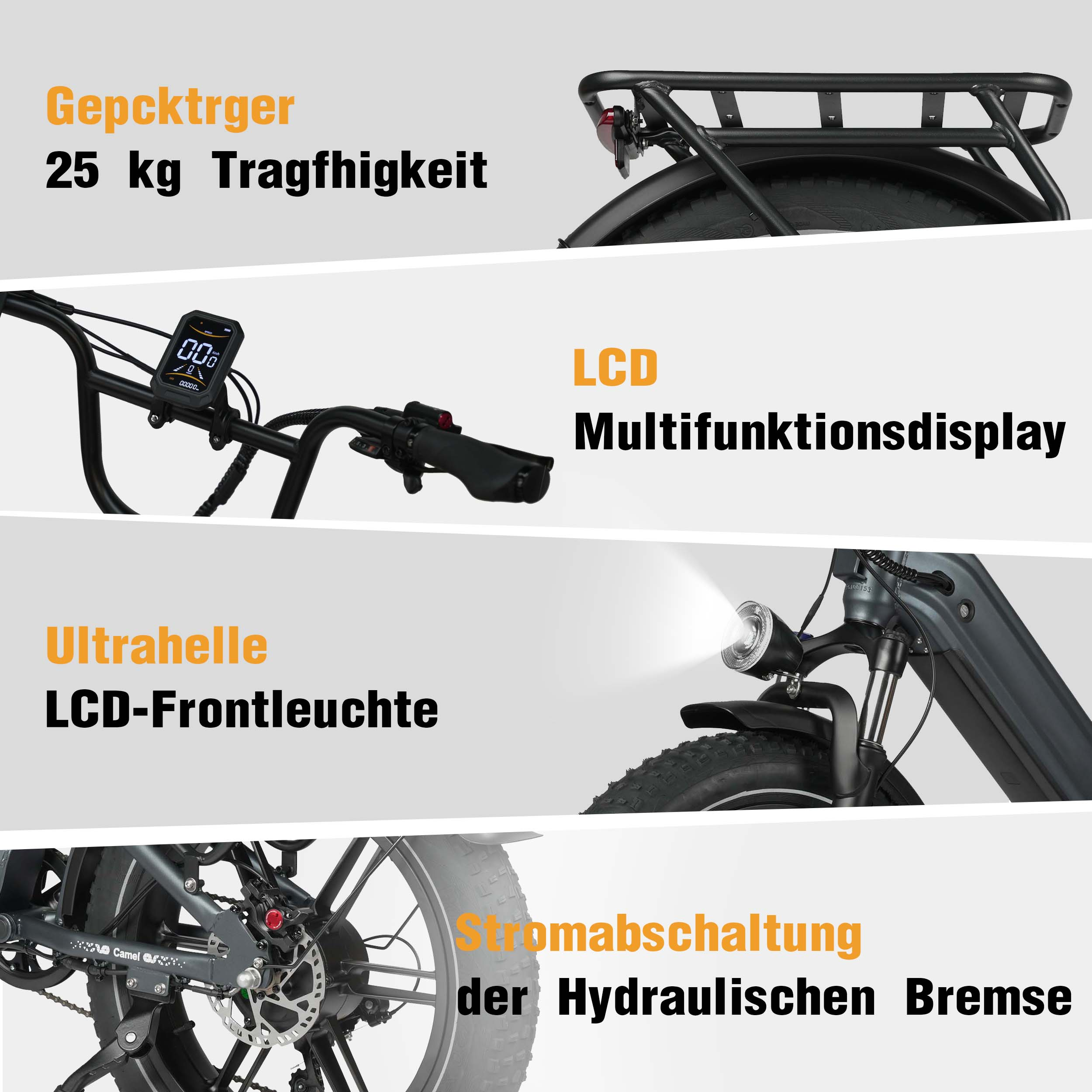 Fahrrad mit Gepäckträger (25kg), LCD-Display, Frontlicht und Bremsen.