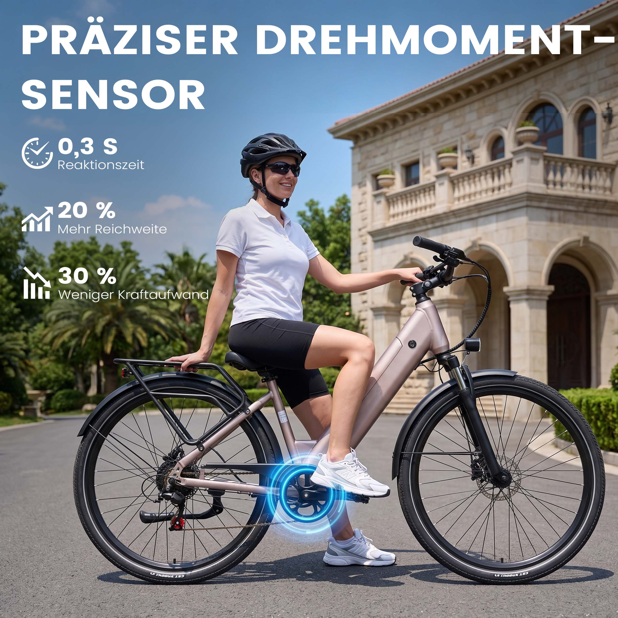 Frau auf E-Bike vor Gebäude mit Text über Sensorik.