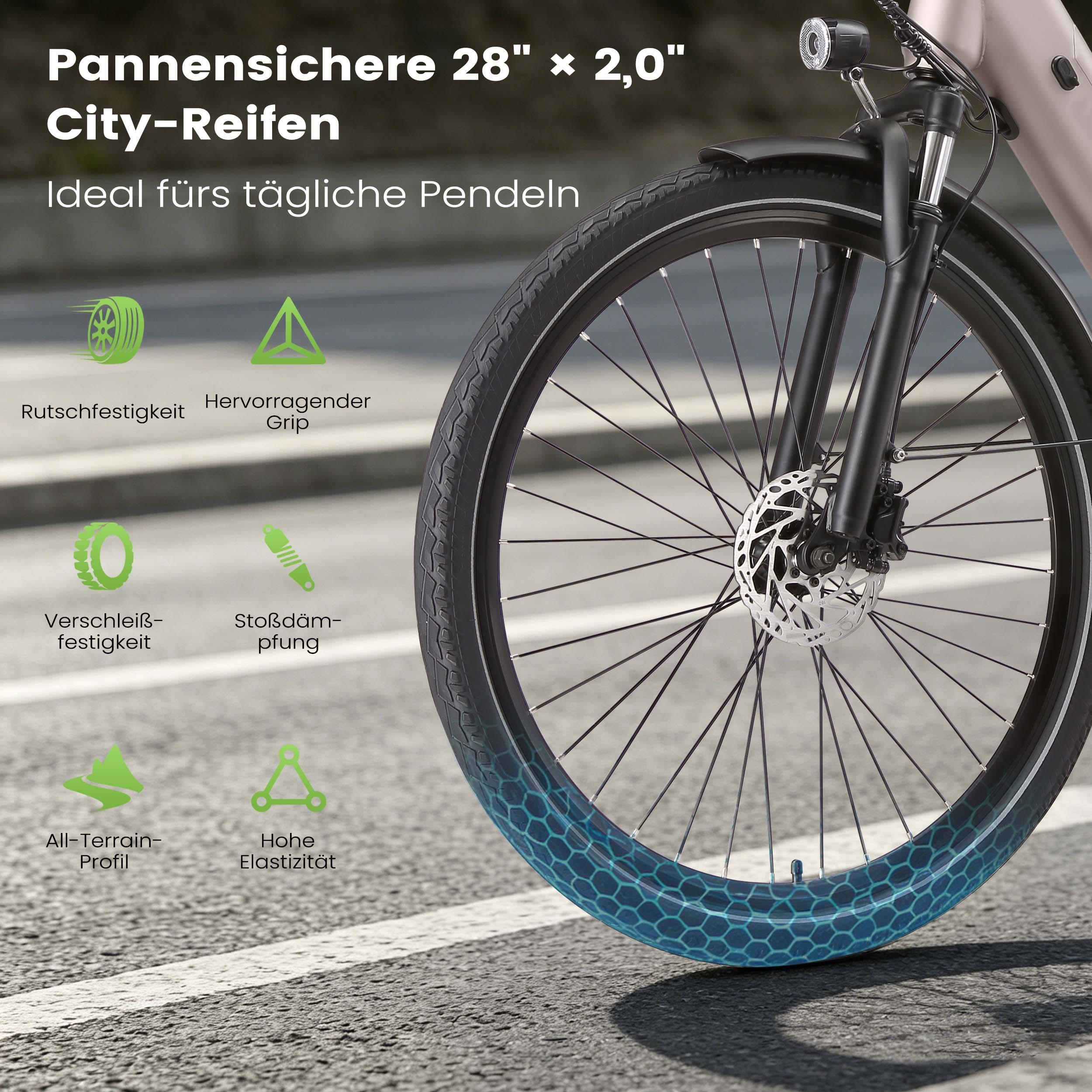 Detailansicht eines City-Reifens mit Technologie-Icons und Textbeschreibungen.