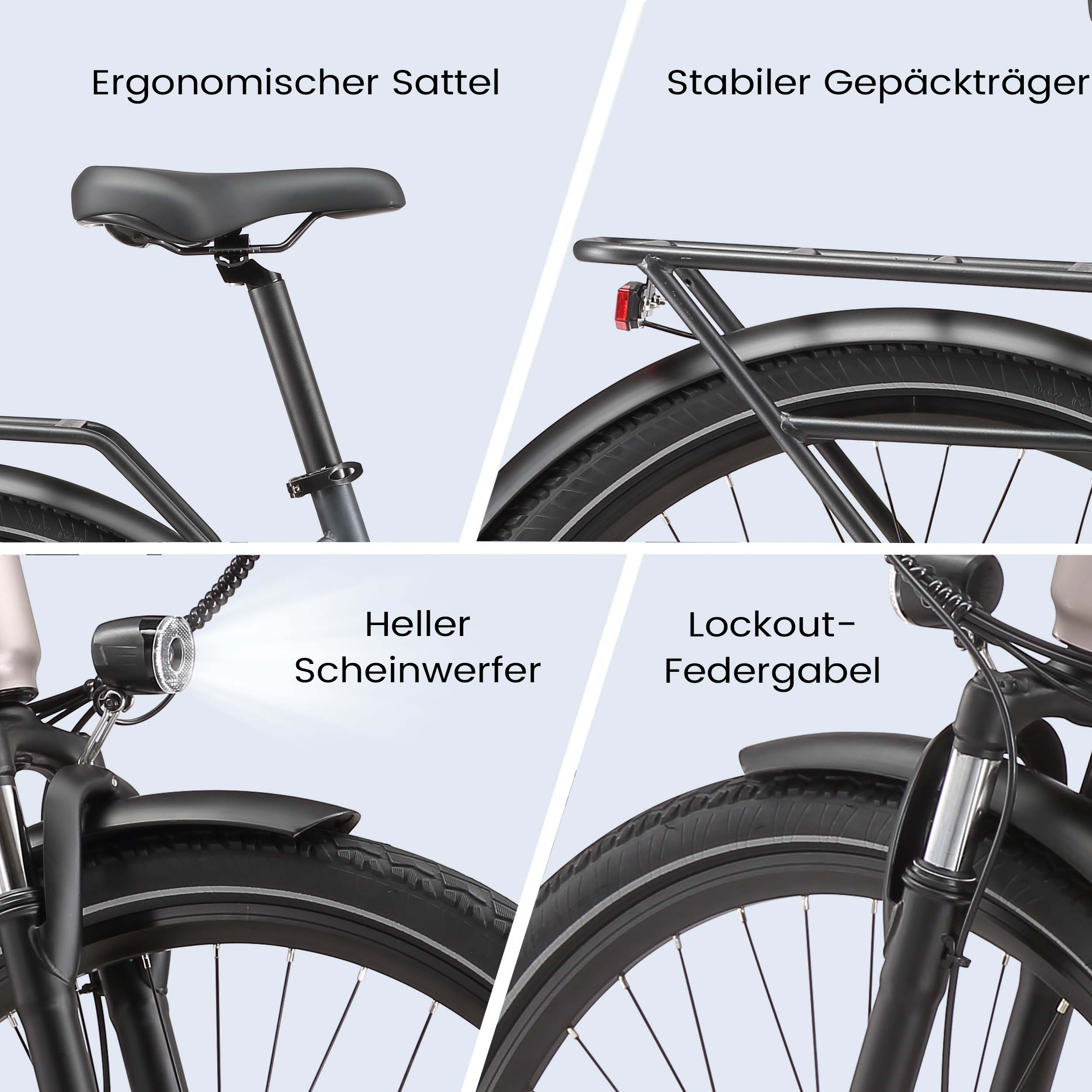 Details eines Fahrrads: Sattel, Gepäckträger, Scheinwerfer und Federgabel.