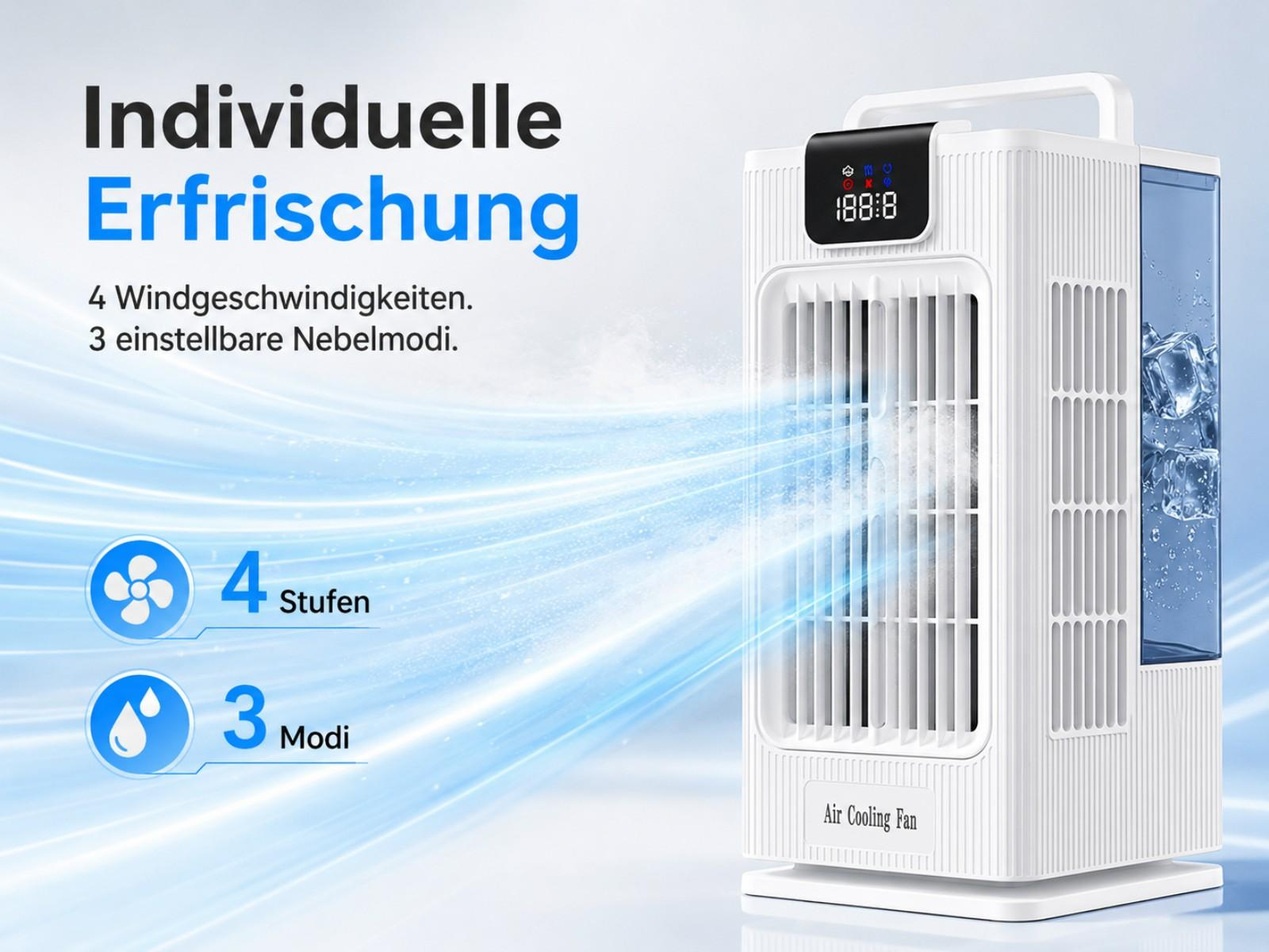Ein weißer Luftkühler mit Eiswürfeln im Wassertank und blauen Luftströmen.